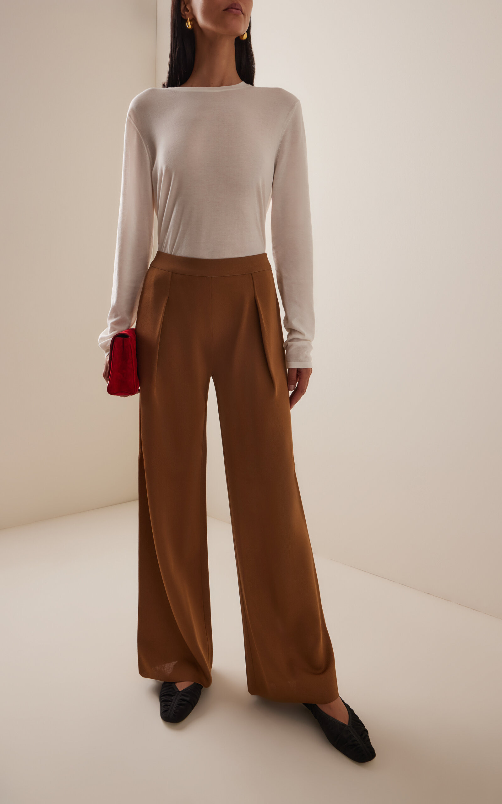 Gene Pleated Knit Wide-Leg Pants tan - 2