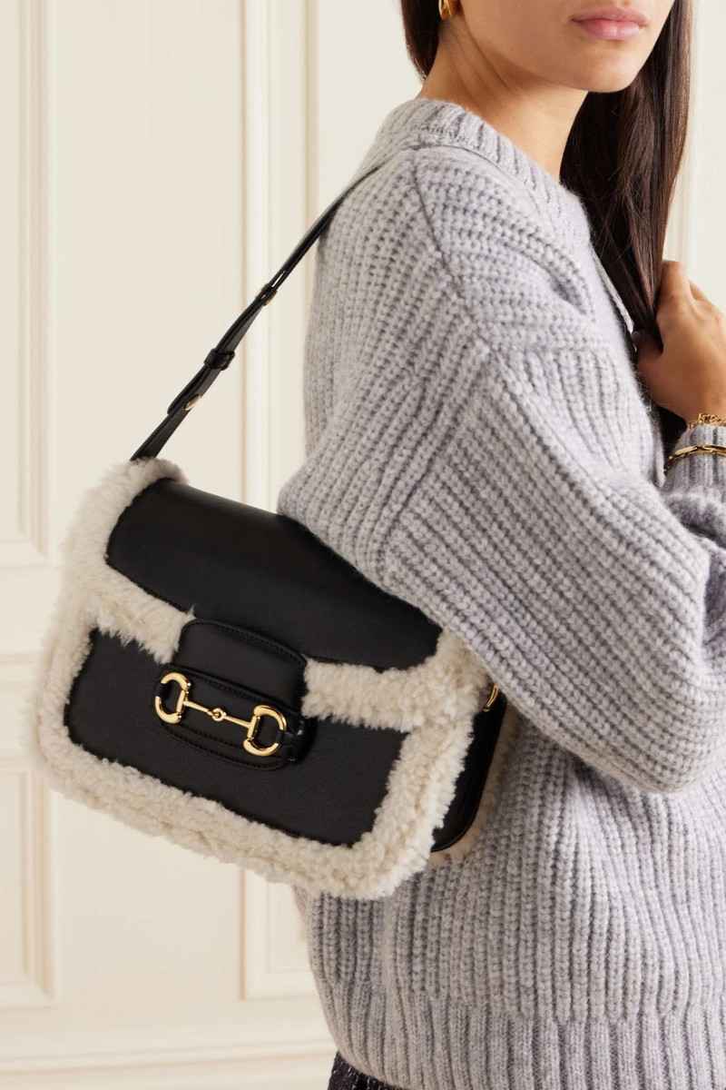 GUCCI Horsebit 1955 shearling-trimmed leather shoulder bag outlook