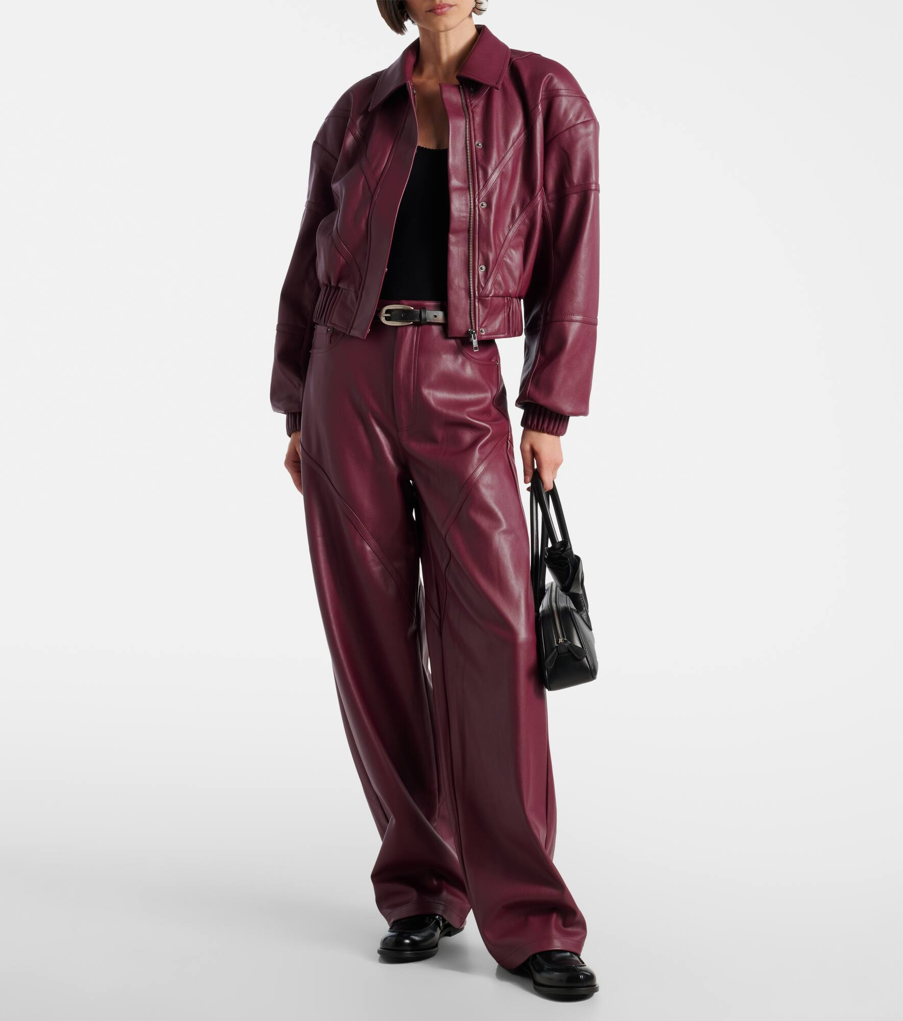 Mid-rise faux leather wide-leg pants - 2
