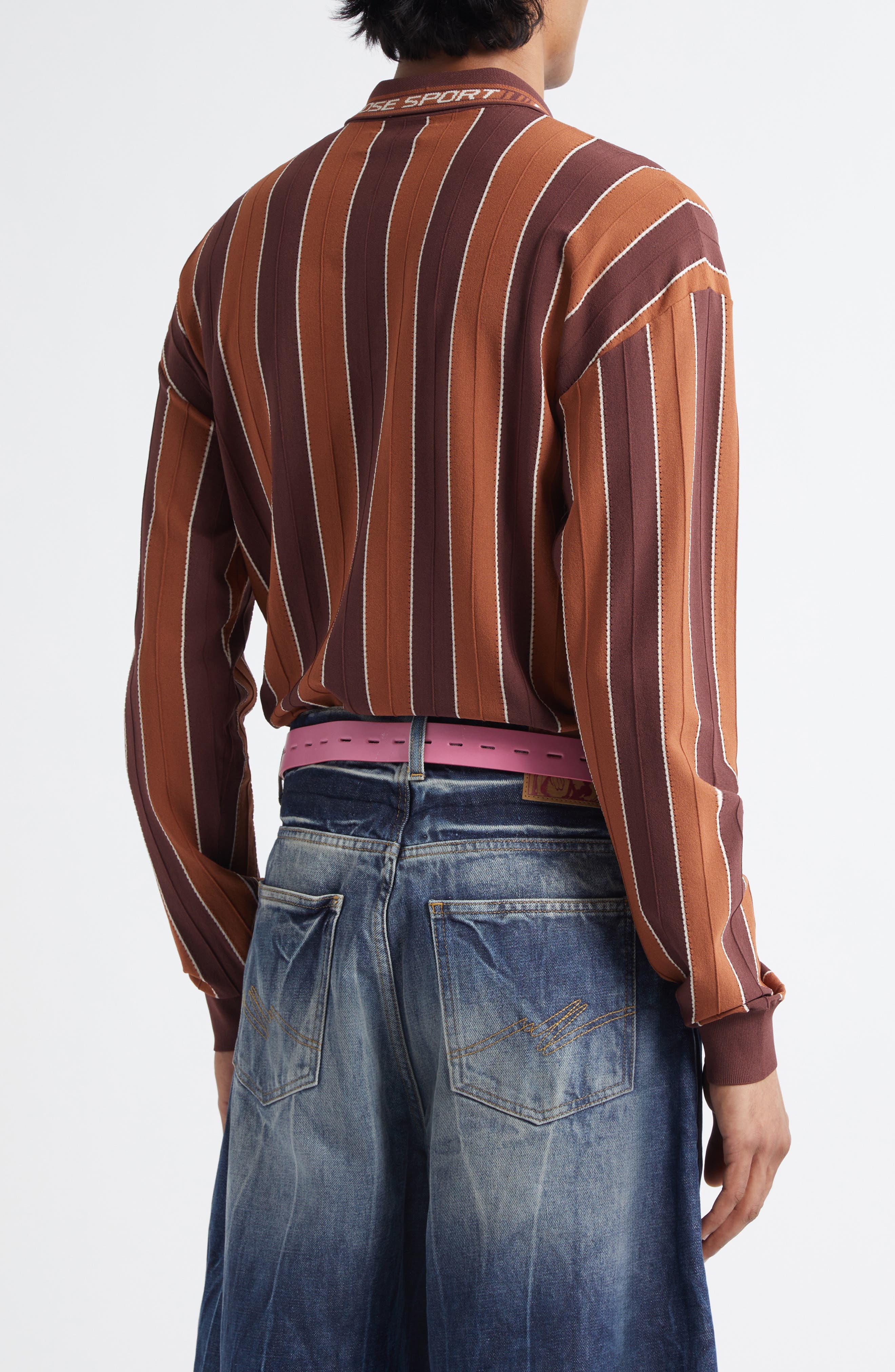 Martine Rose Logo Jacquard Stripe Long Sleeve Zip Polo in Brown at Nordstrom - 3