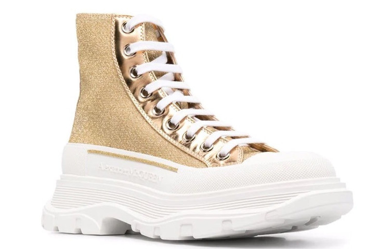 Alexander McQueen (WMNS) Alexander McQueen Glitter Tread Slick High-Top Sneakers 'Gold White' 685699W4SG18062 outlook