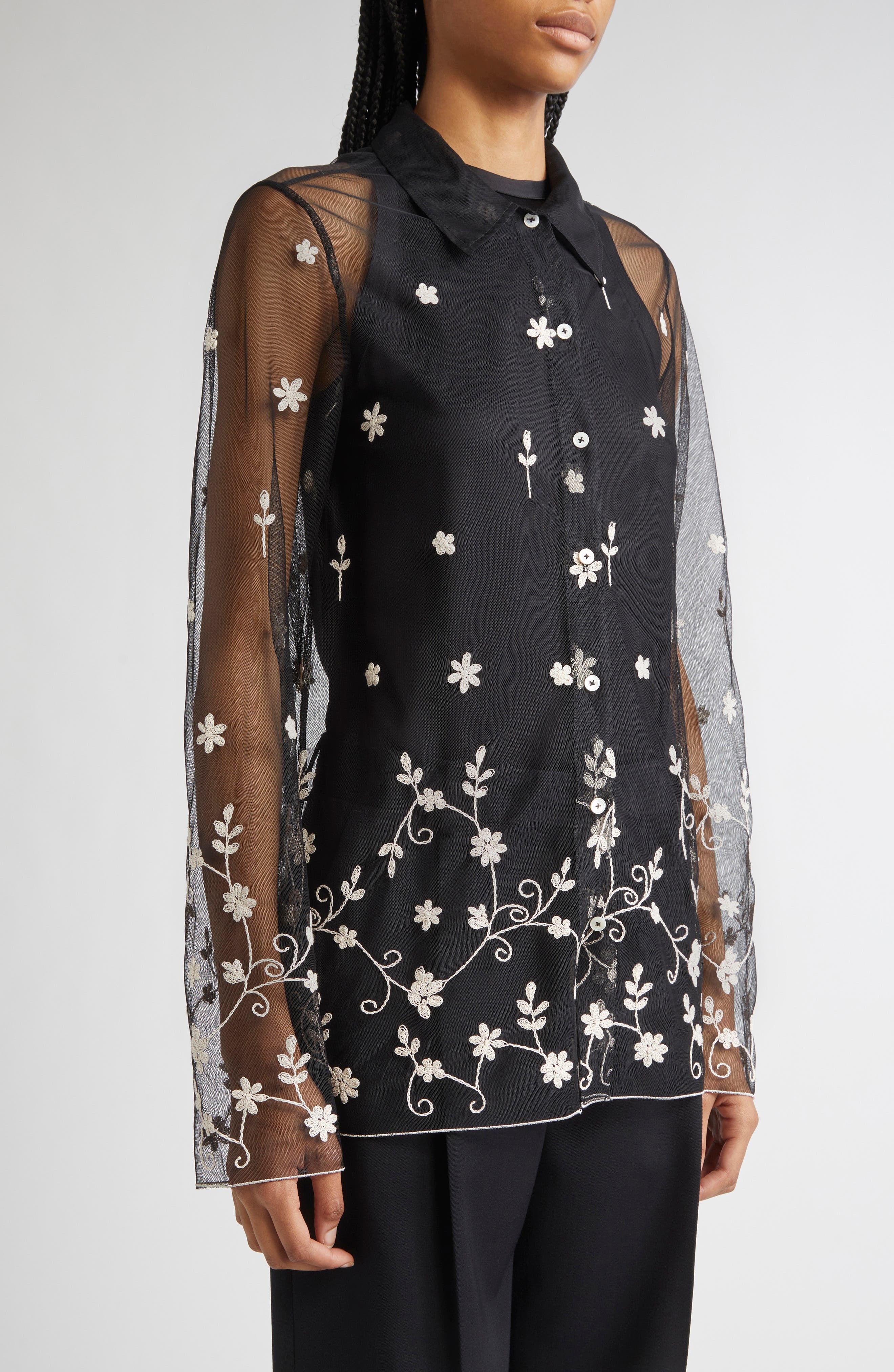 TOTEME Floral Embroidered Tulle Shirt in Black/White at Nordstrom - 5