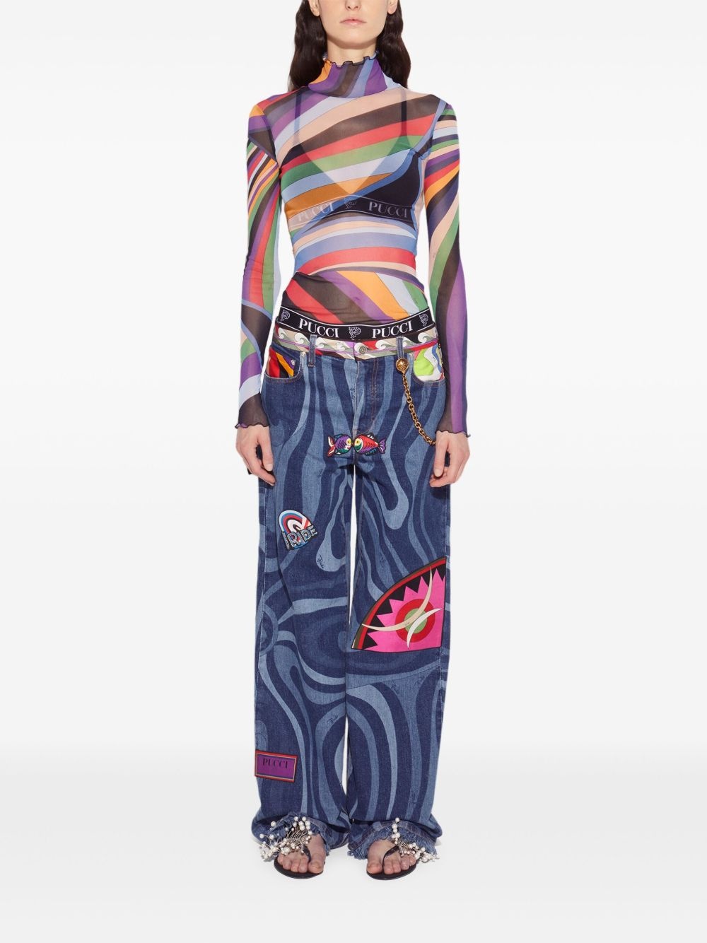 Marmo-print embellished jeans - 2