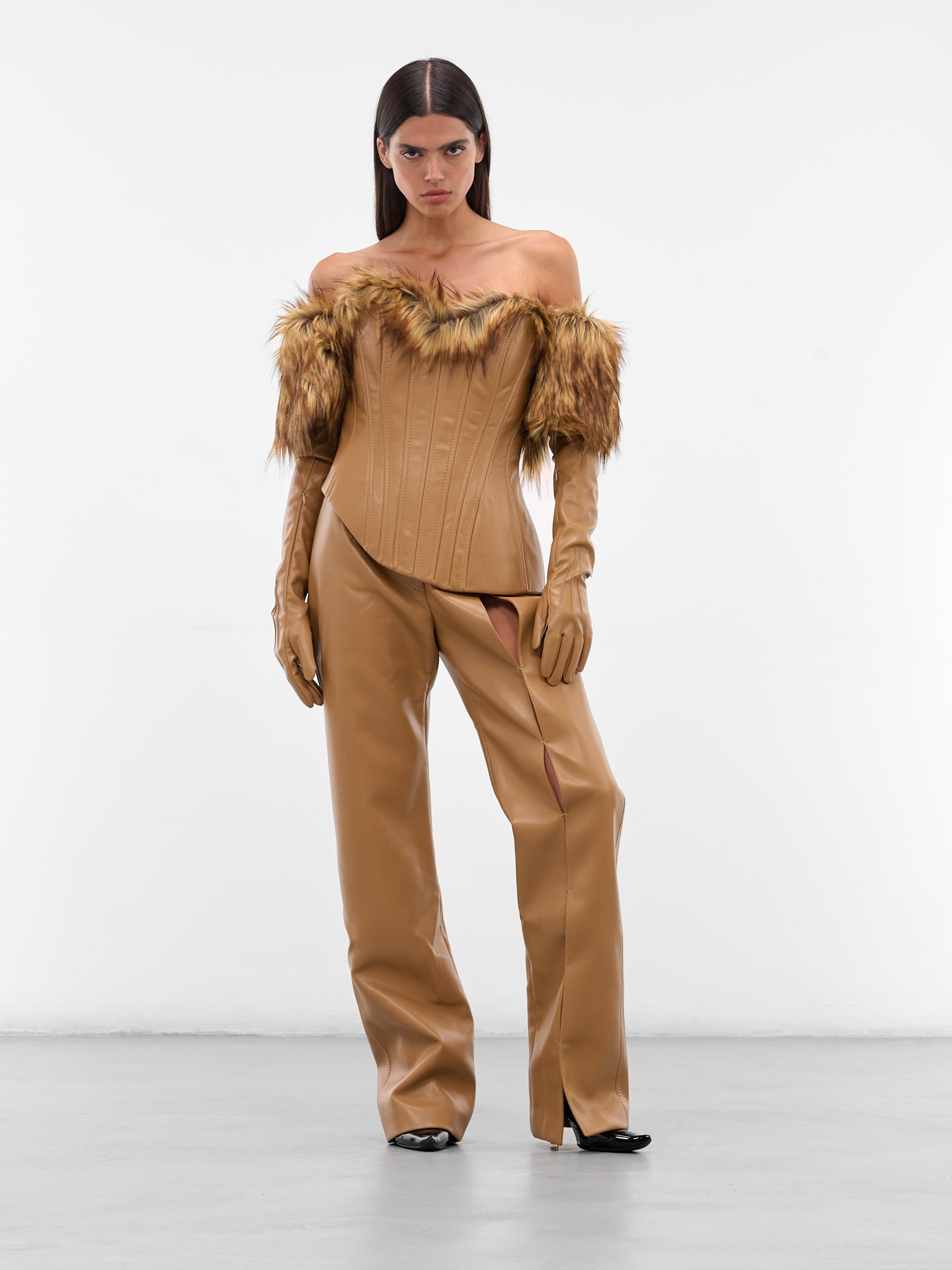 Beige Vegan Leather Cut-Out Trousers - 6