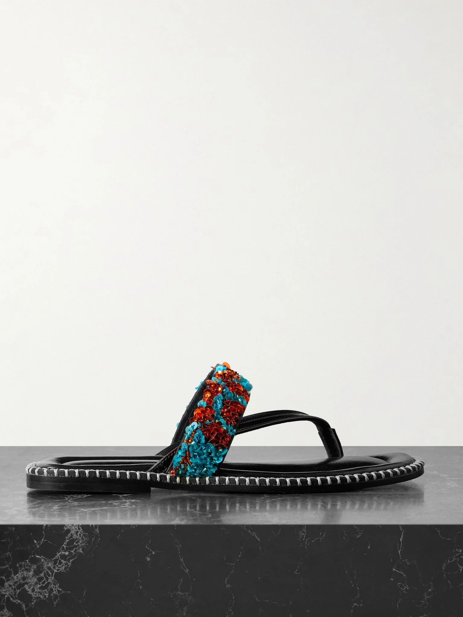 Embellished whipstitched leather sandals Turquoise - 1