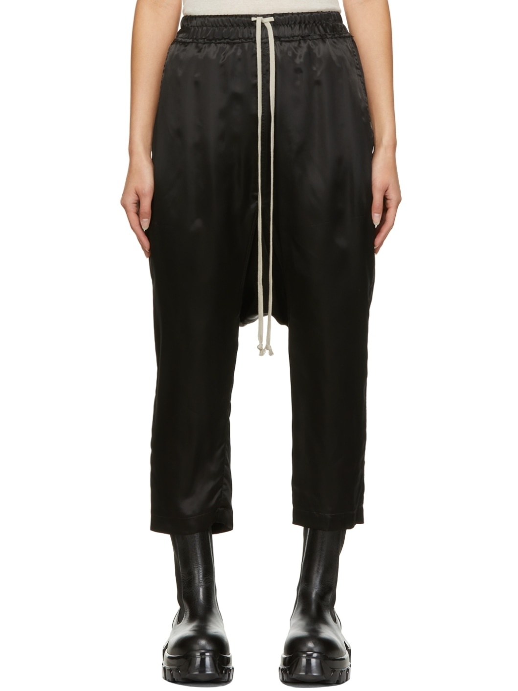 Black Satin Drawstring Cropped Lounge Pants - 1