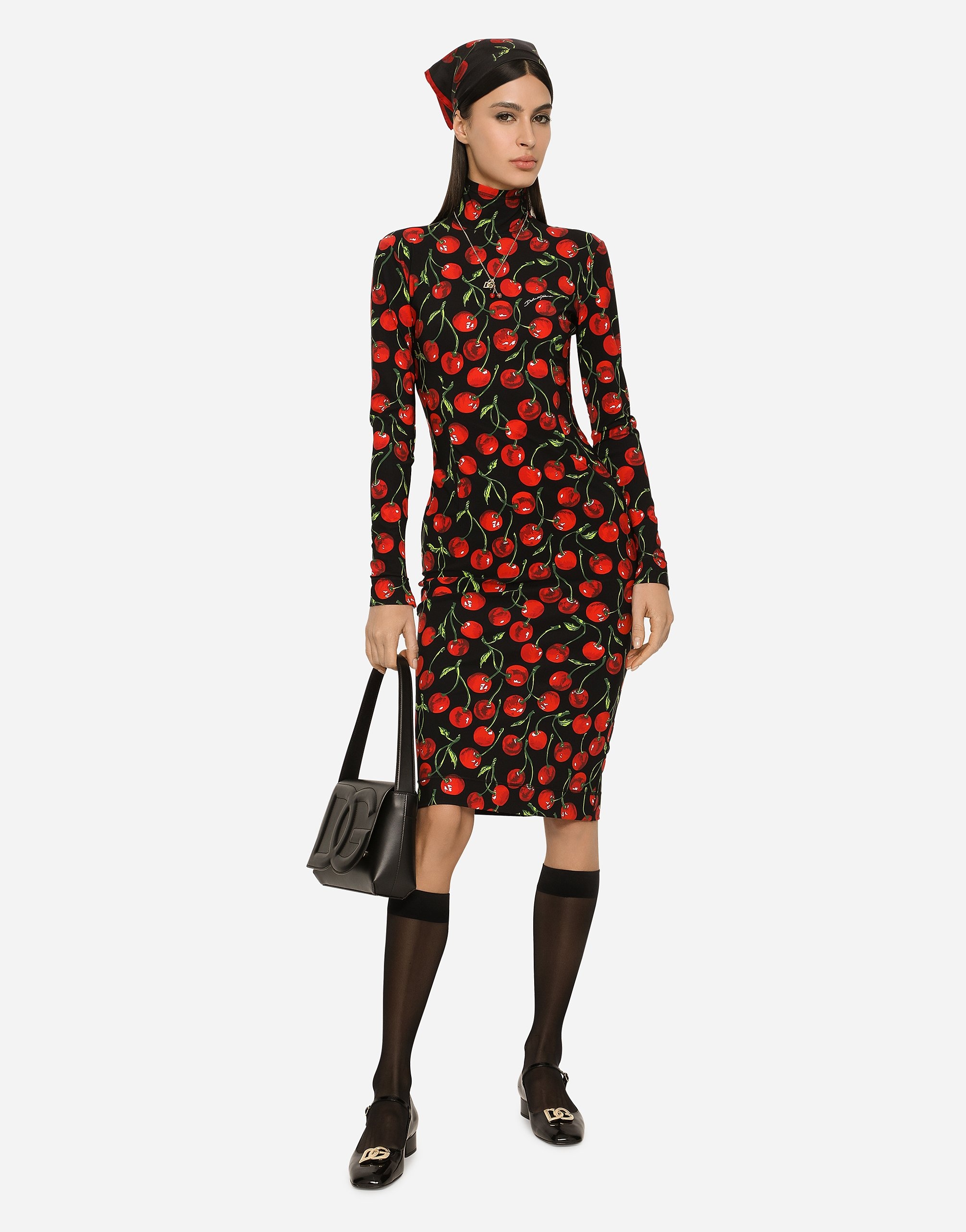 Long-sleeved jersey midi dress with cherry print - 2