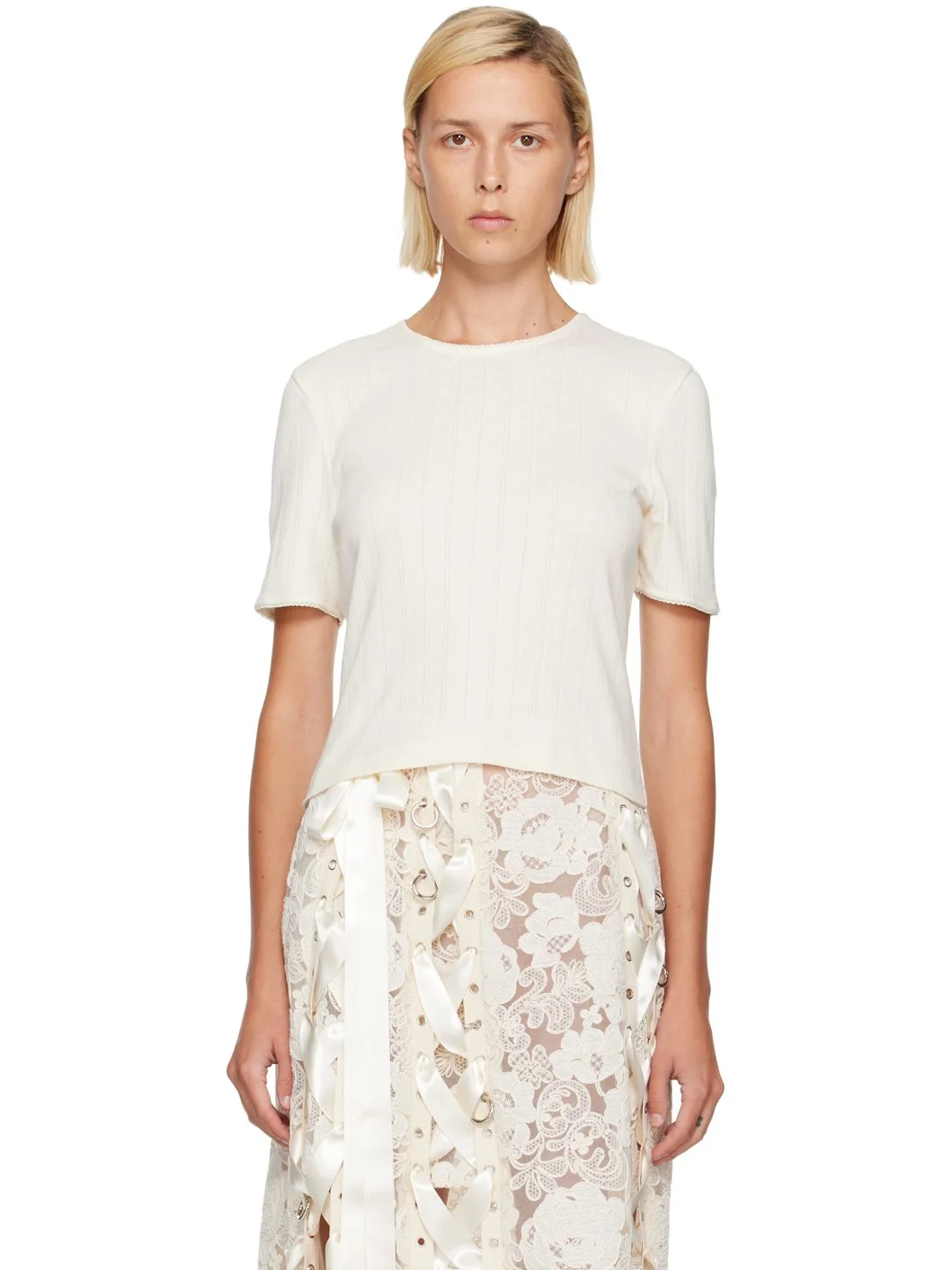 Off-White Cropped Pointelle T-shirt - 1