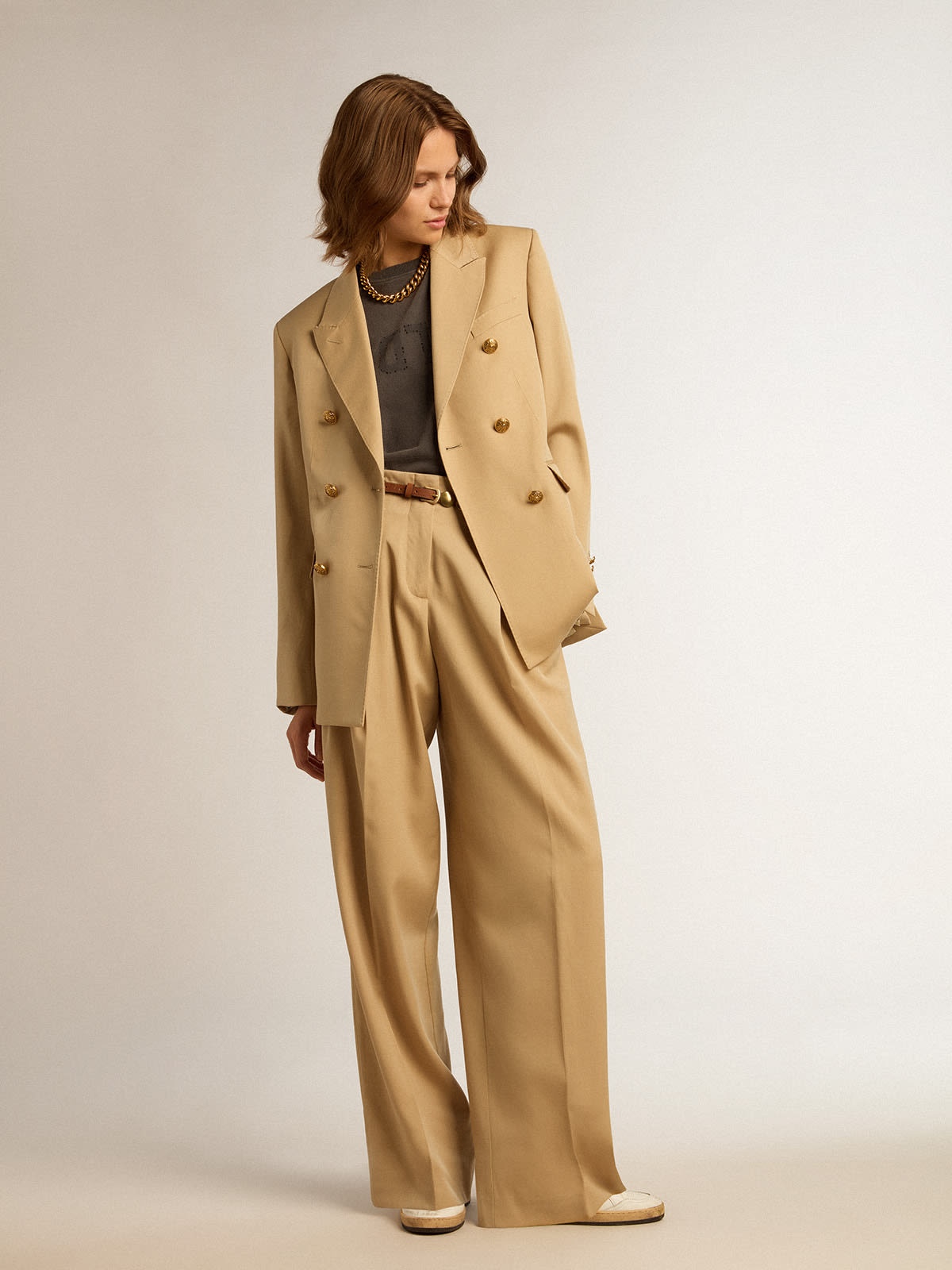 Beech-colored pants in wool and viscose blend