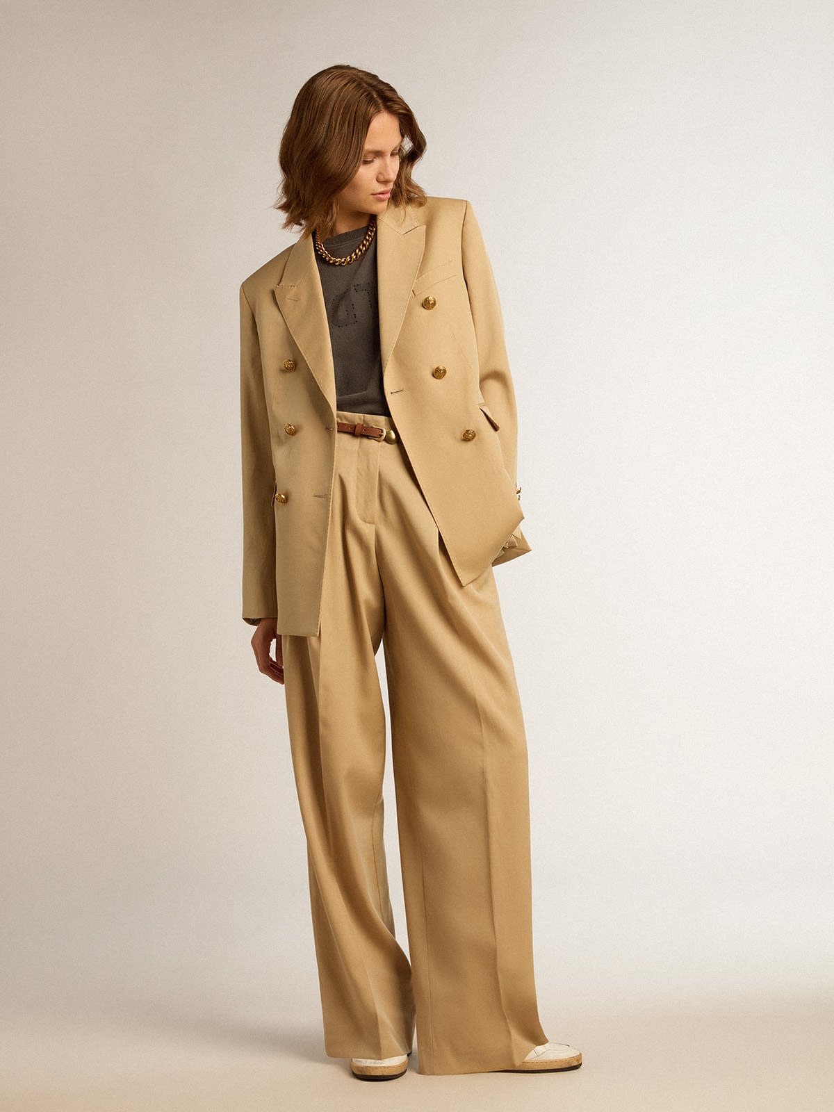 Women’s wool gabardine pants in sand - 3