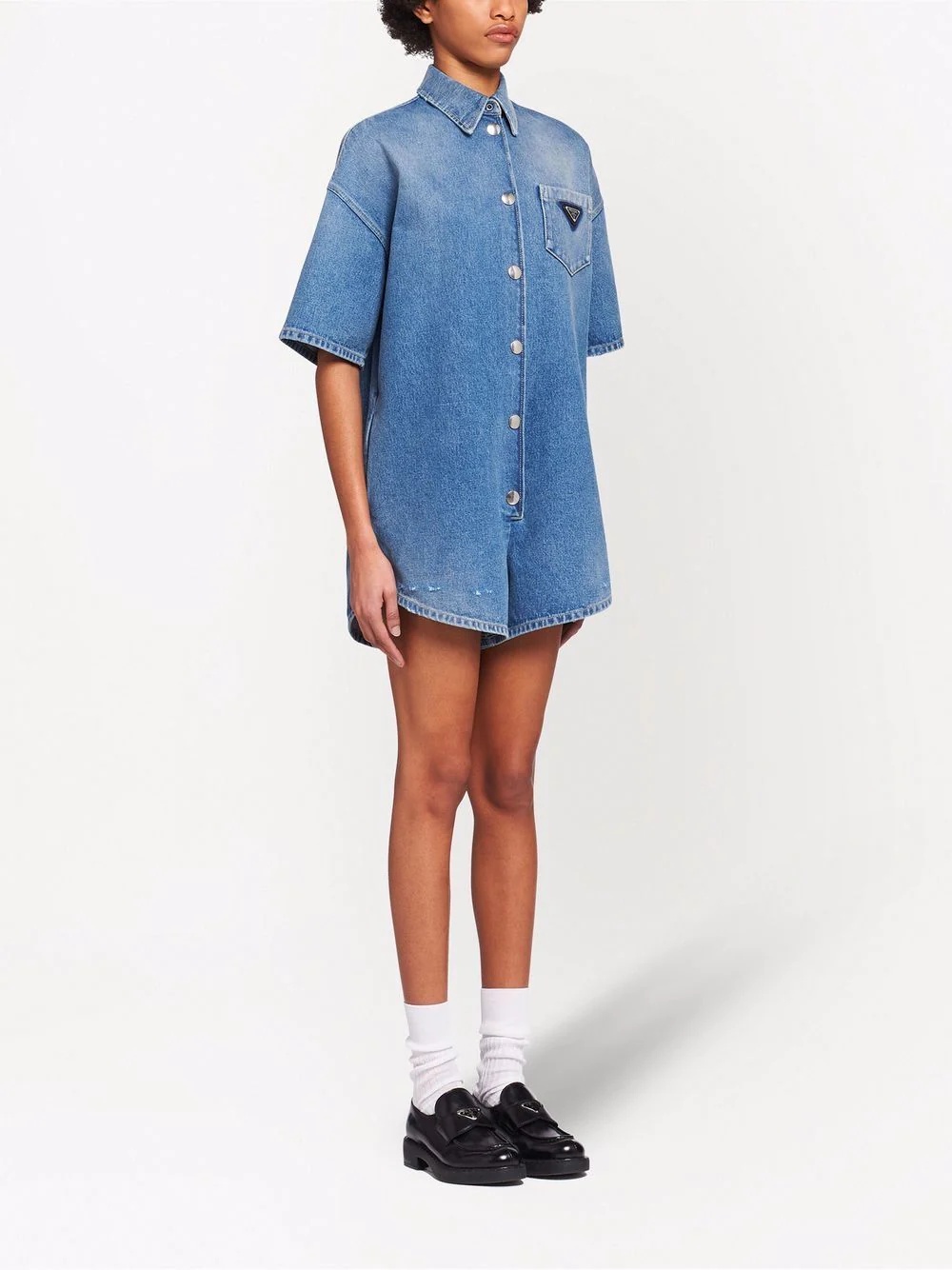 logo-patch denim playsuit - 3