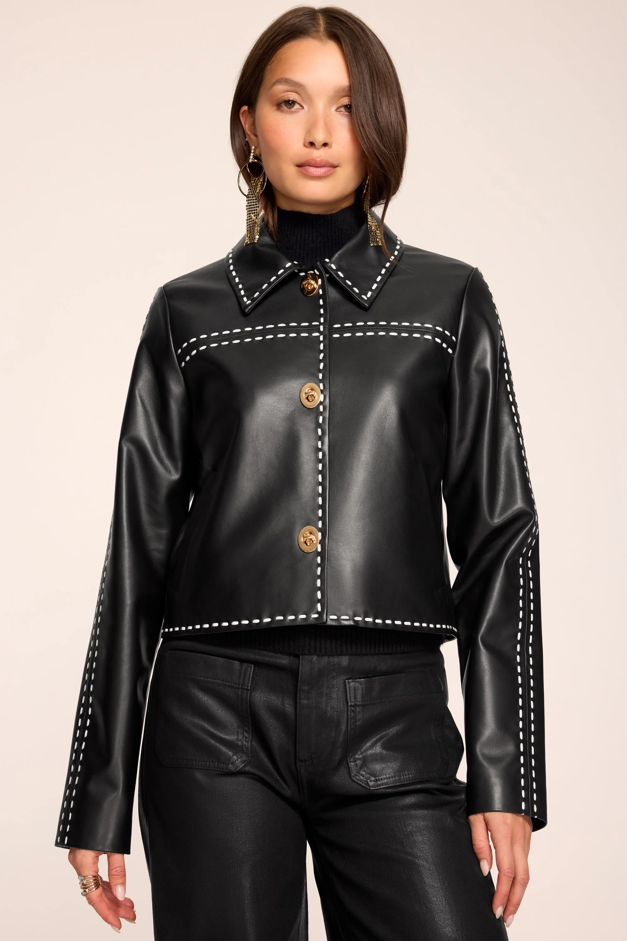 Mira Contrast Stitch Leather Jacket - 1