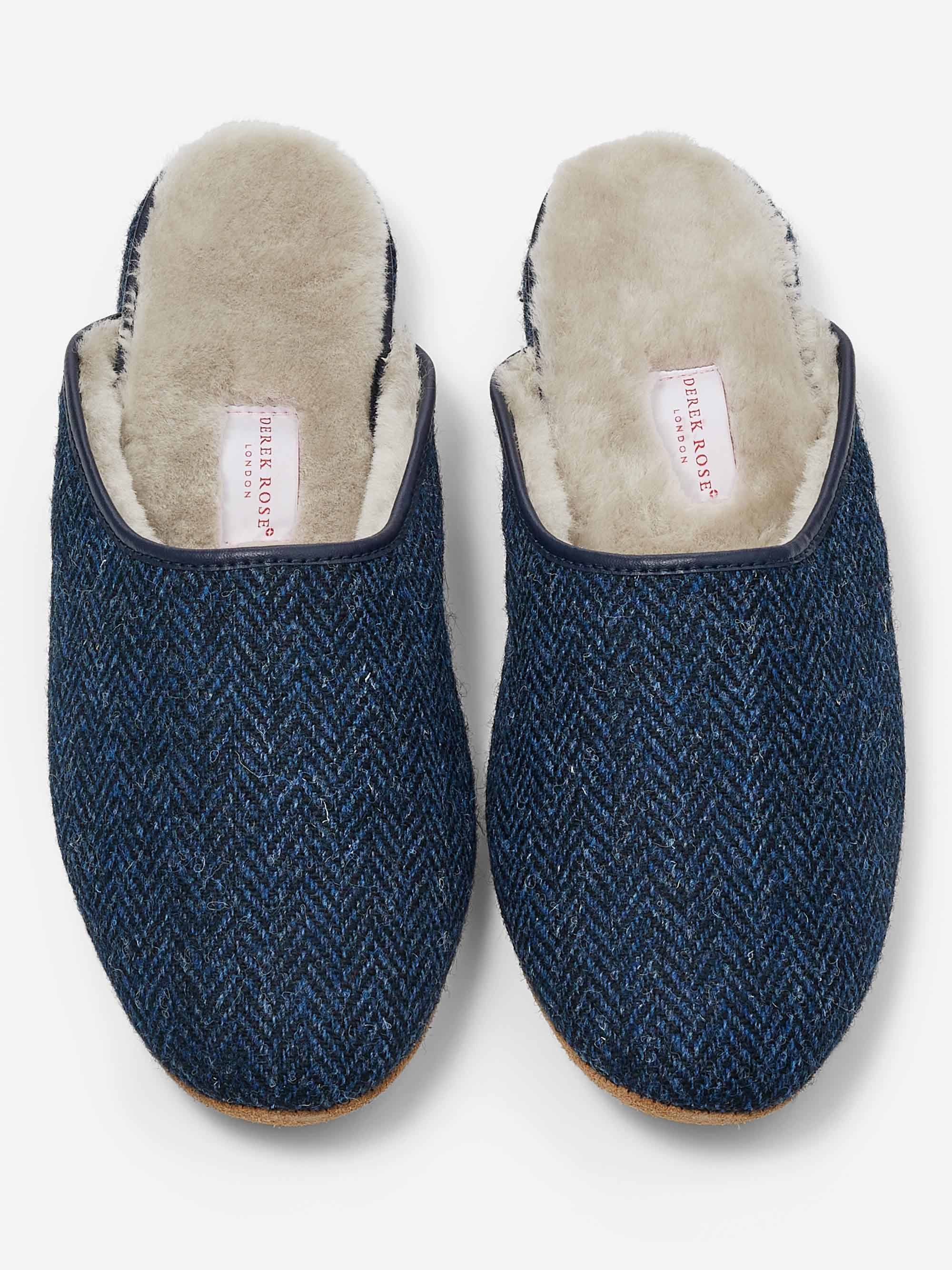 Men's Mule Slippers Douglas 2 Harris Tweed Sheepskin Navy - 5