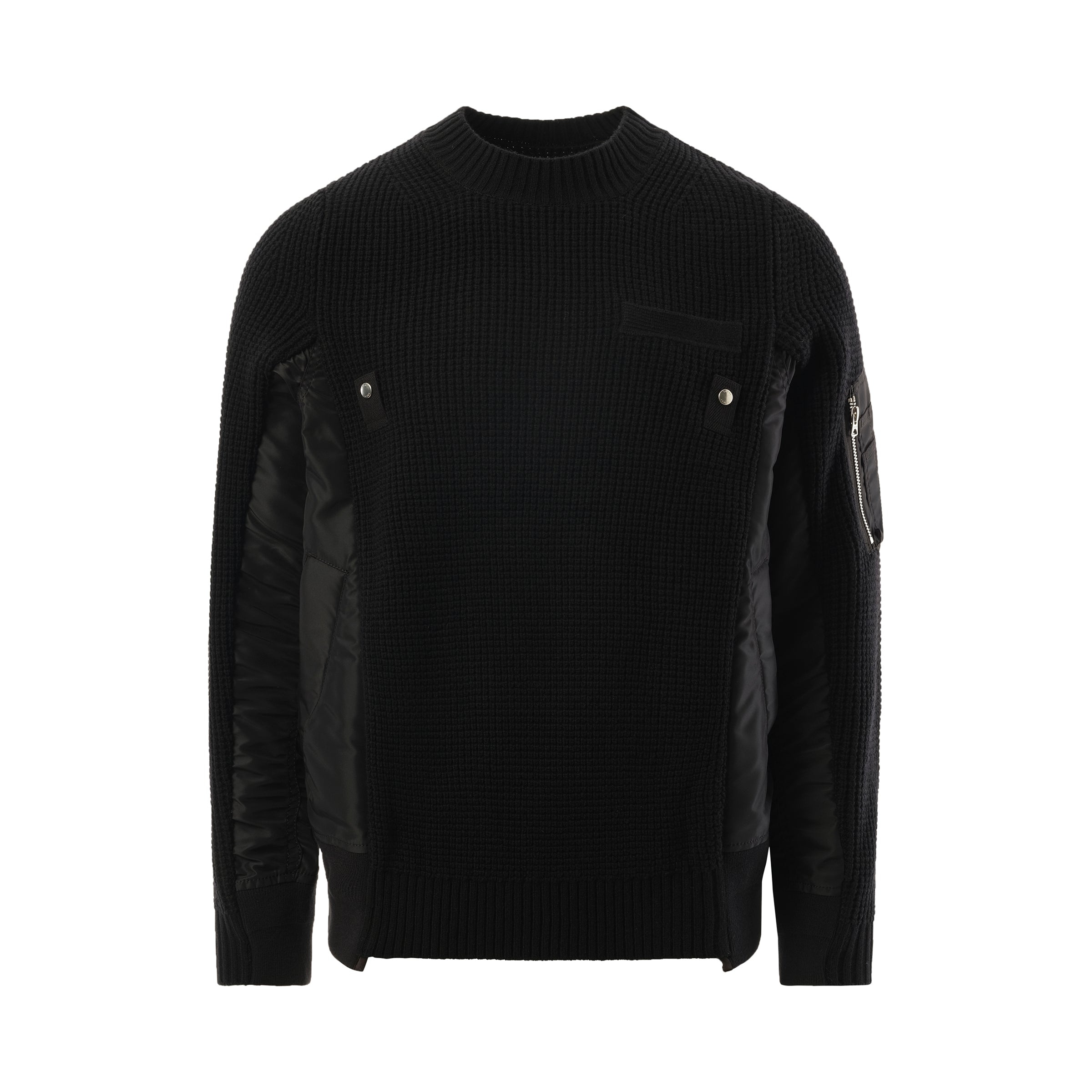 SACAI｜ROUND NECK KNITS (Nylon Twill x Wool Knit Pullove sacai Nylon Twill x Wool Knit Pullover in Black | marais