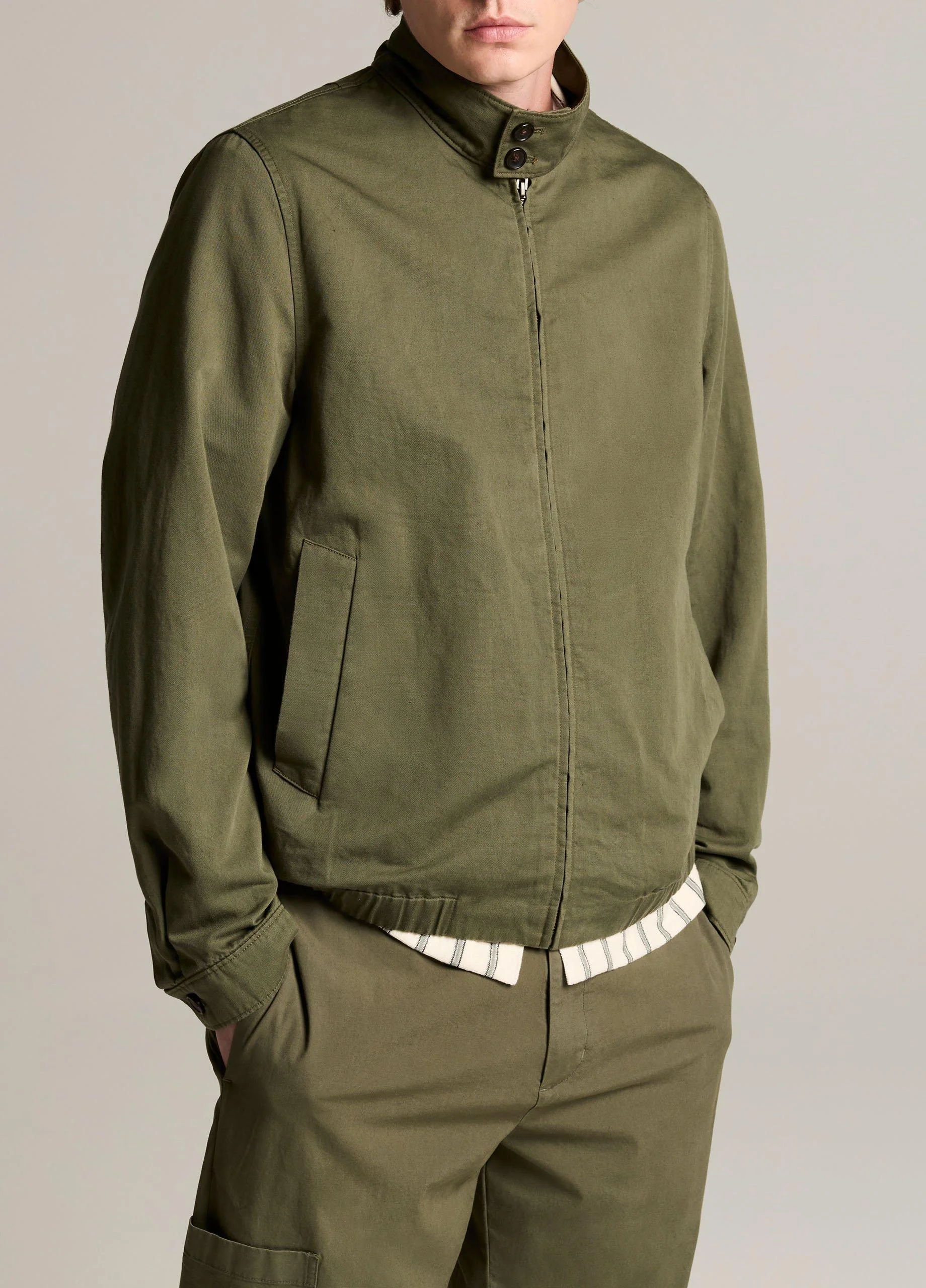 Italian Cotton-Linen Band-Collar Bomber Jacket - 1
