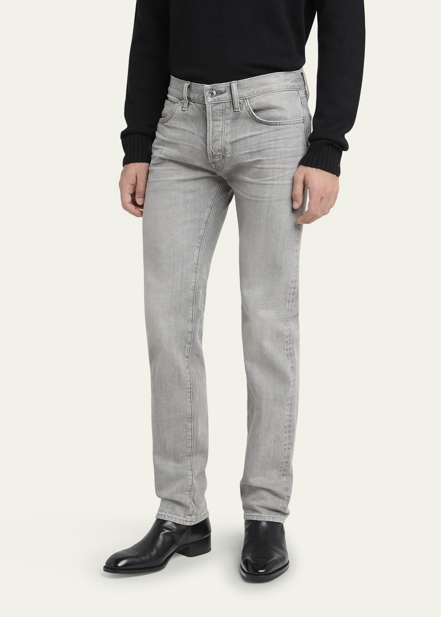 Men's Light Wash Selvedge Straight Fit Jeans, Grey - 4