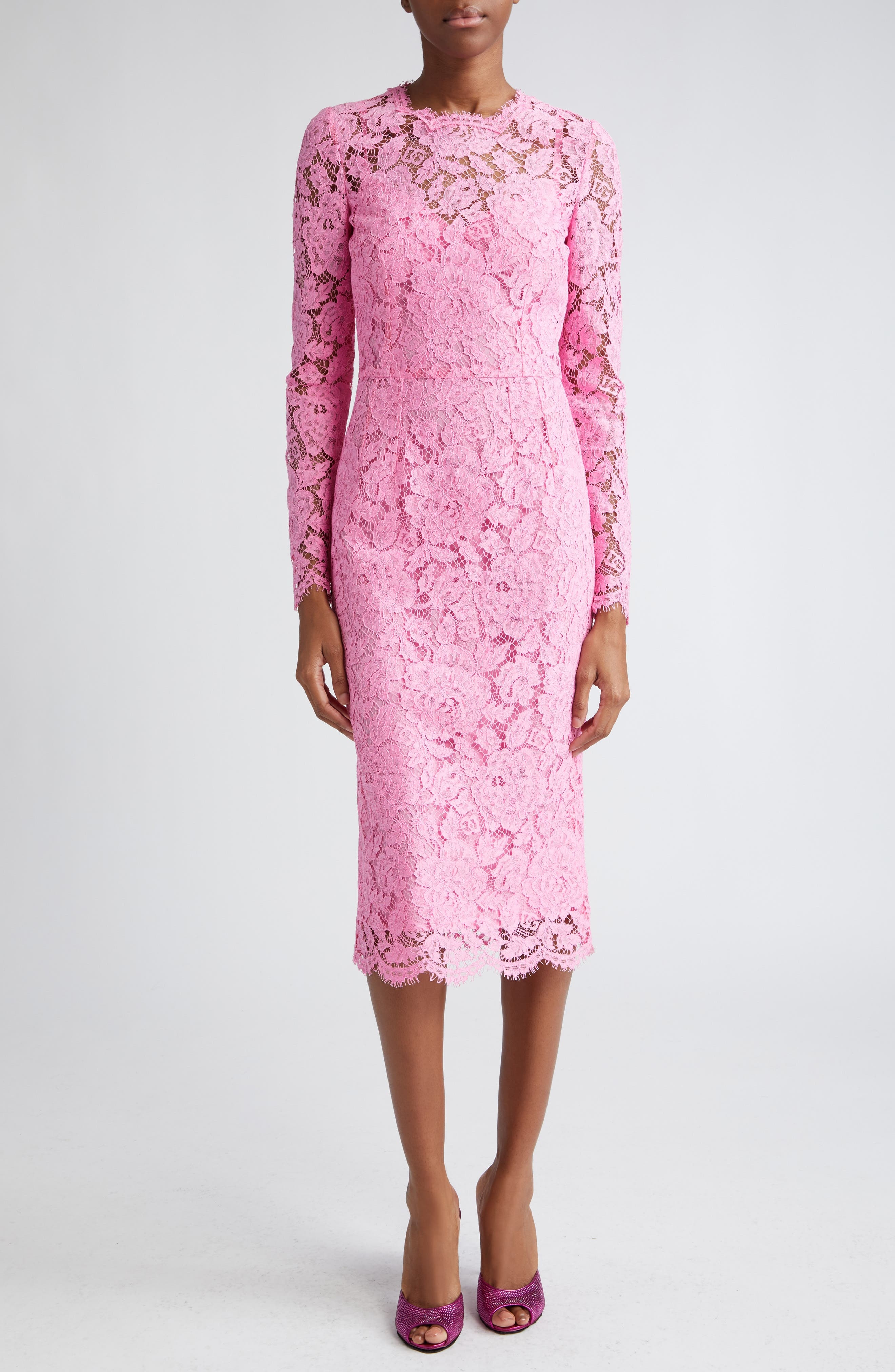 Long Sleeve Cordonetto Lace Sheath Dress - 1