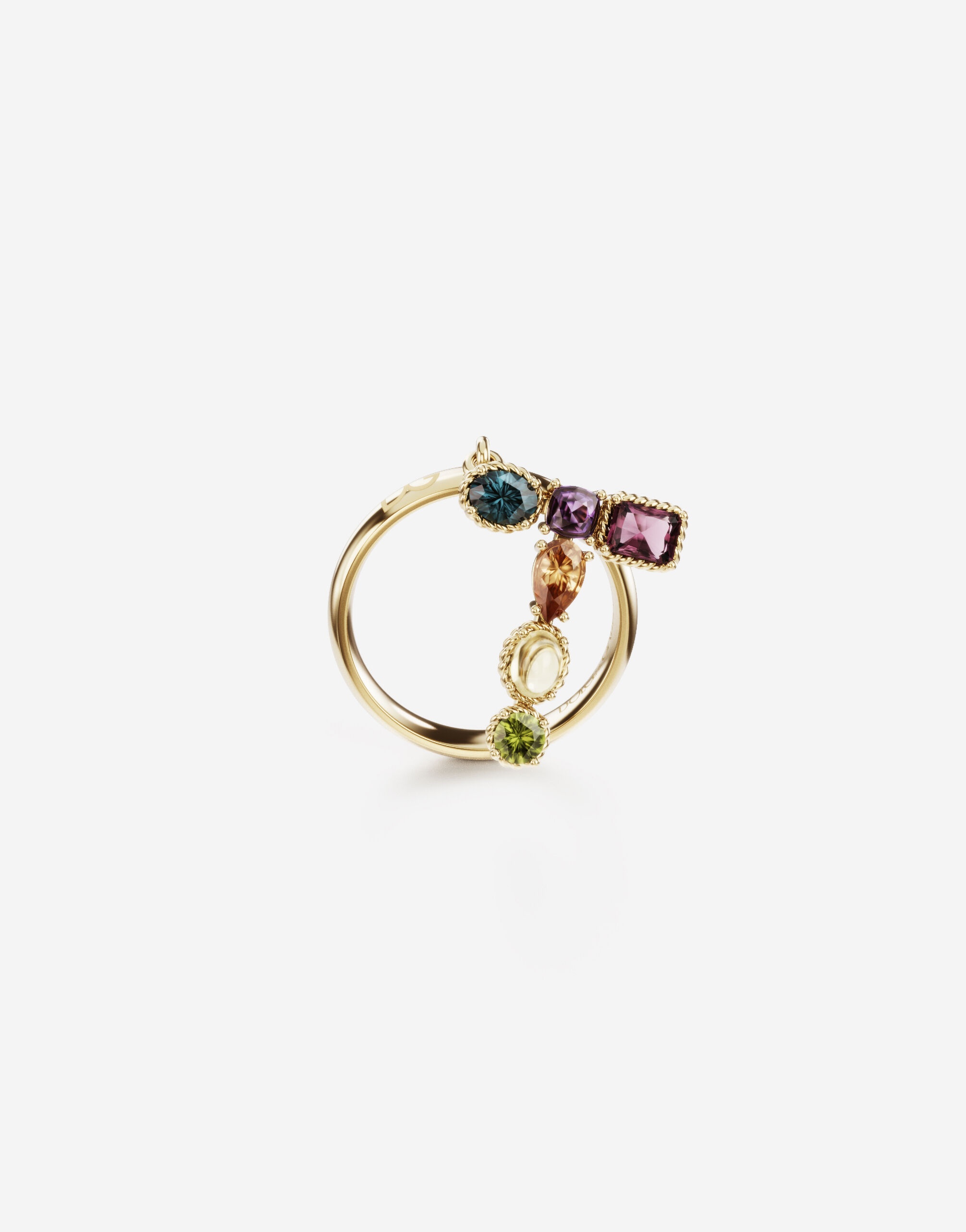 Rainbow alphabet T ring in yellow gold with multicolor fine gems - 1