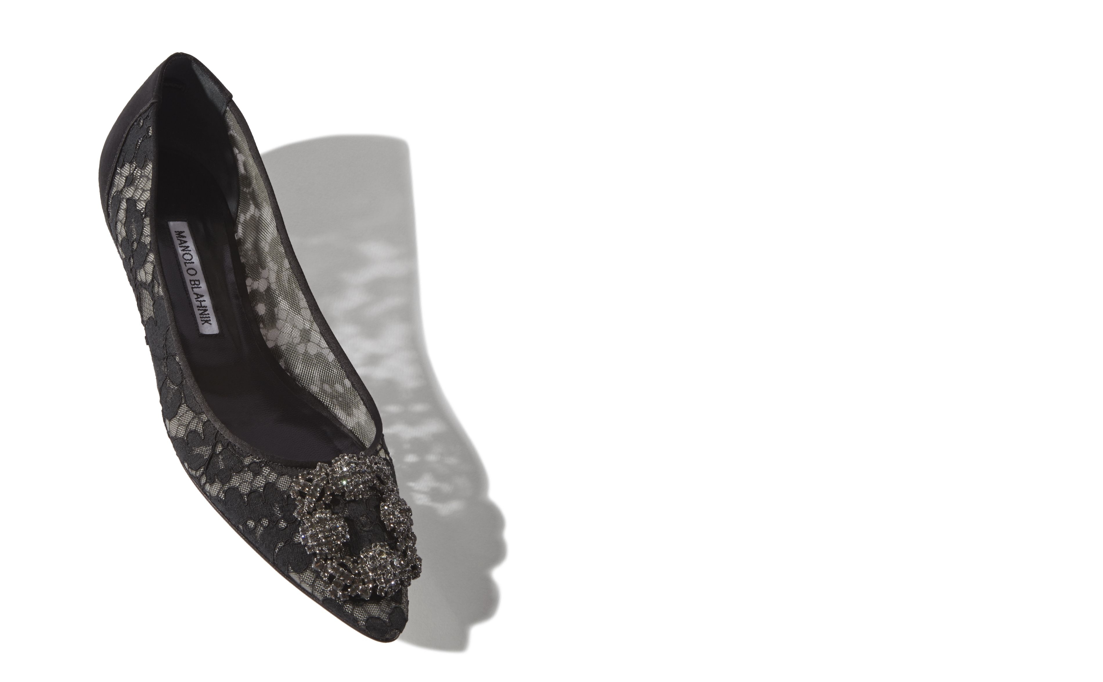 Black Lace Jewel Buckle Flat Shoes - 2