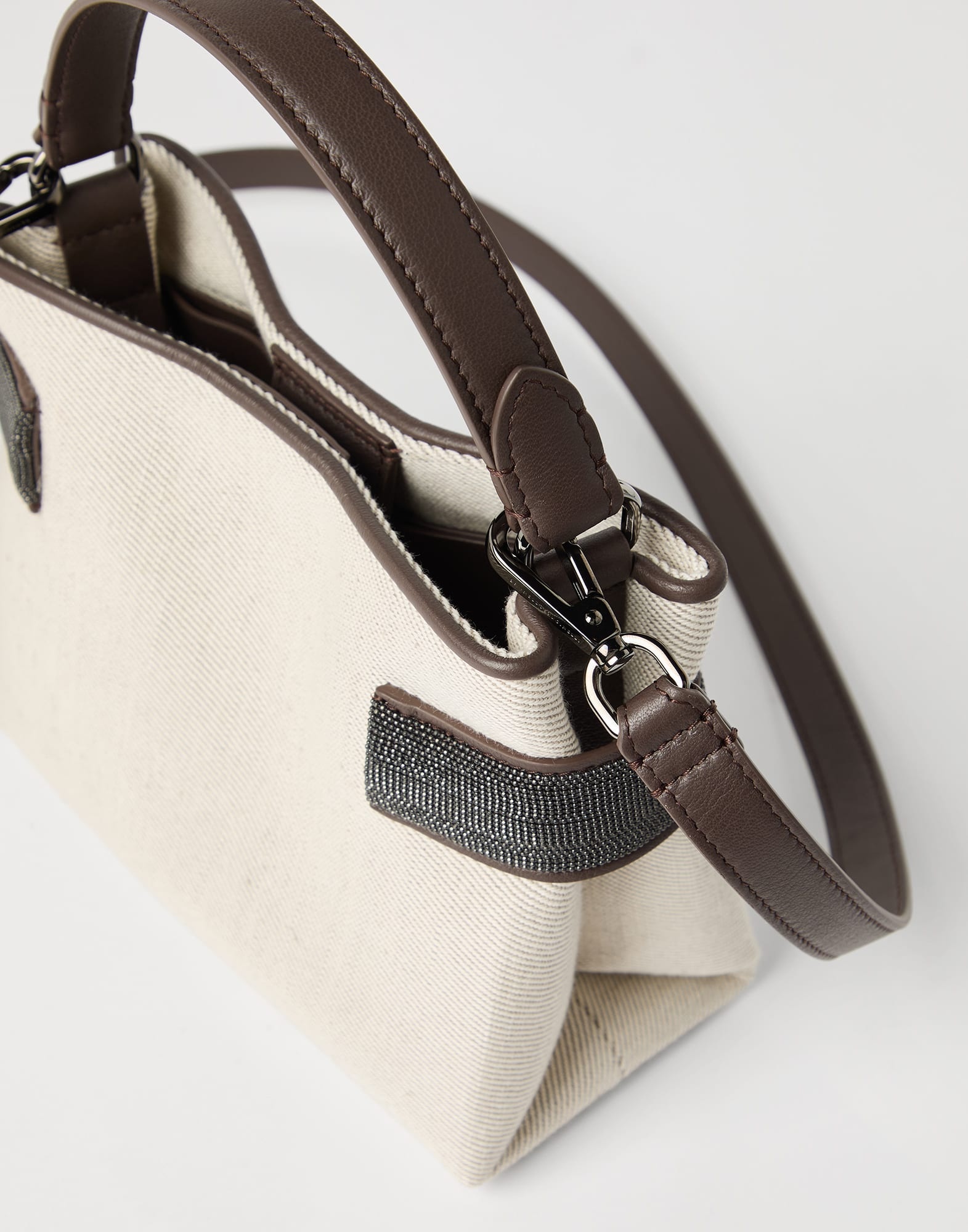 Essence small top-handle bag in cotton and linen drill with precious bands - 3