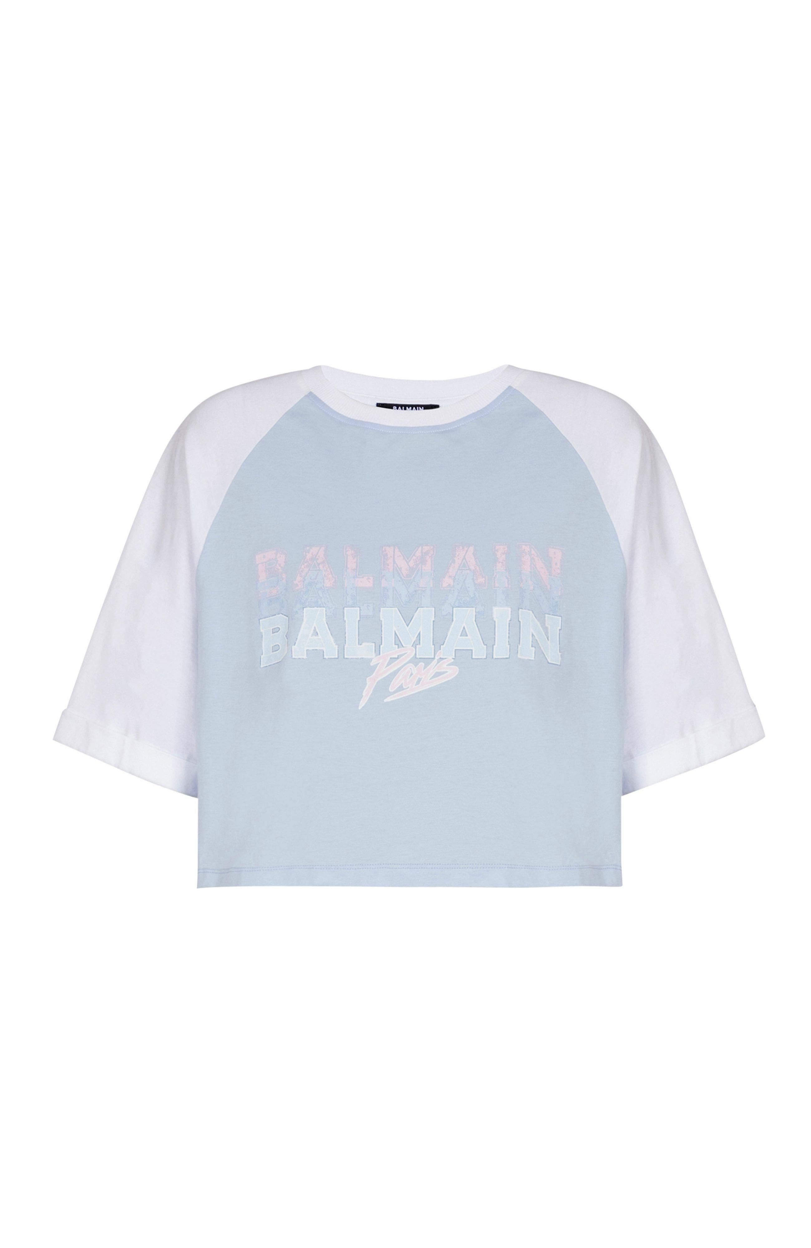 Cropped T-shirt with Balmain Paris print in Blue at Nordstrom - 5