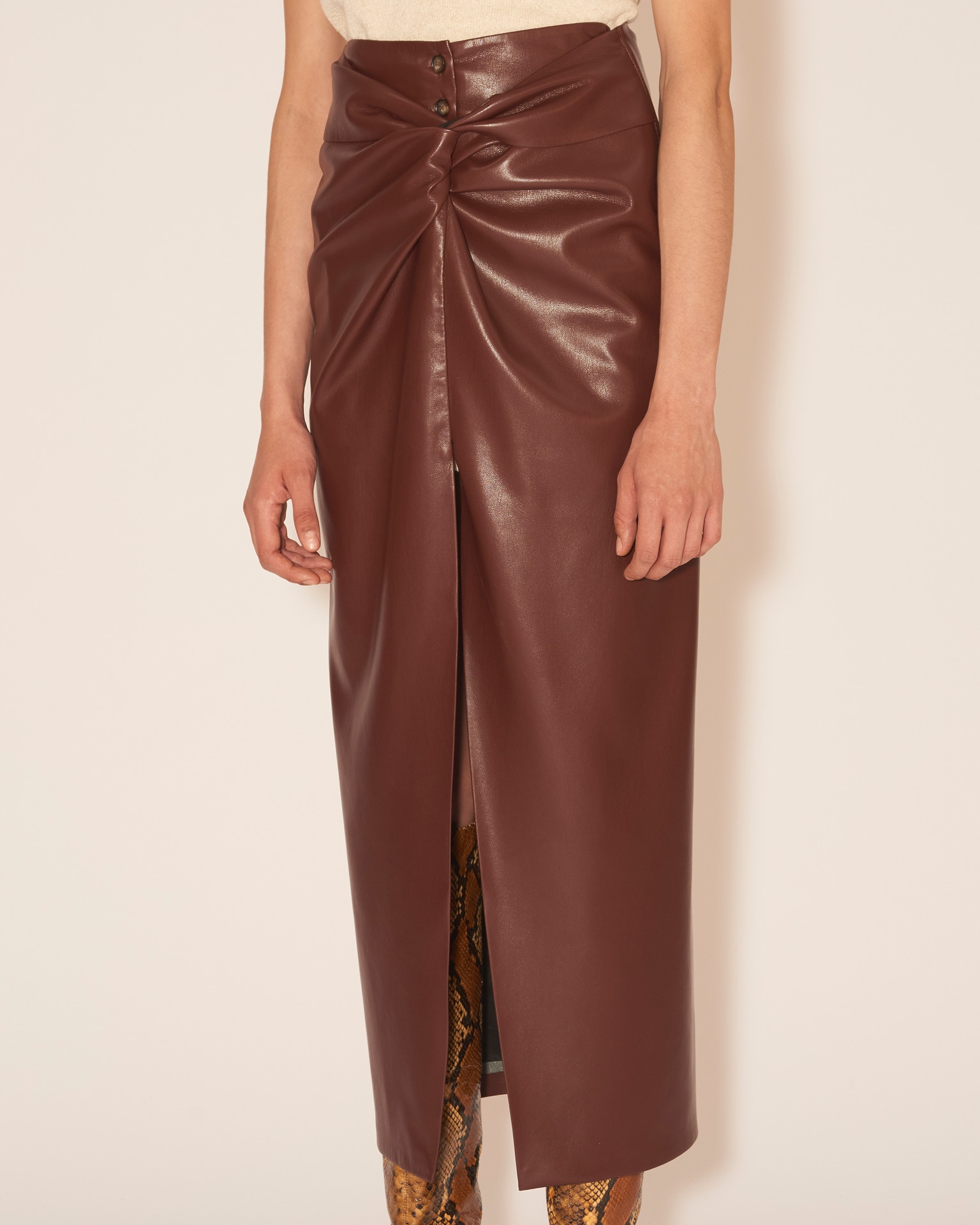LEANE - Knotted OKOBOR™ alt-leather front sarong style skirt - Plum chutney - 5