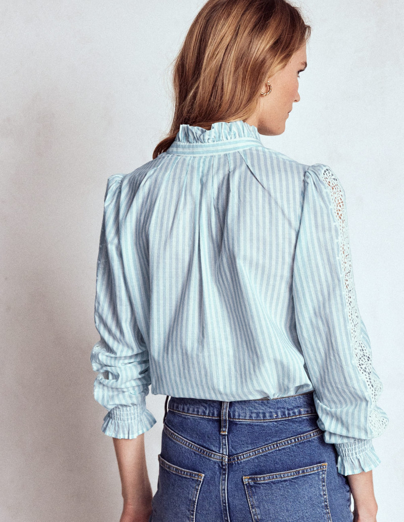 Lorna Pleated Cotton Top-Blue and Ivory Stripe 4