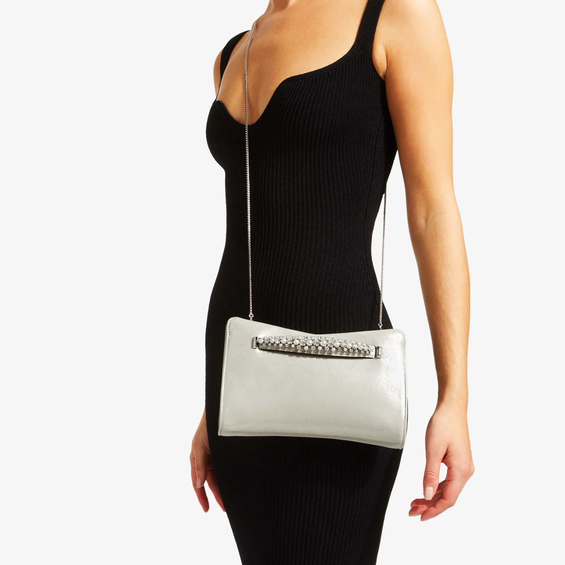 Venus
Champagne Shimmer Suede Clutch Bag with Pearl and Crystal Bracelet Handle - 2