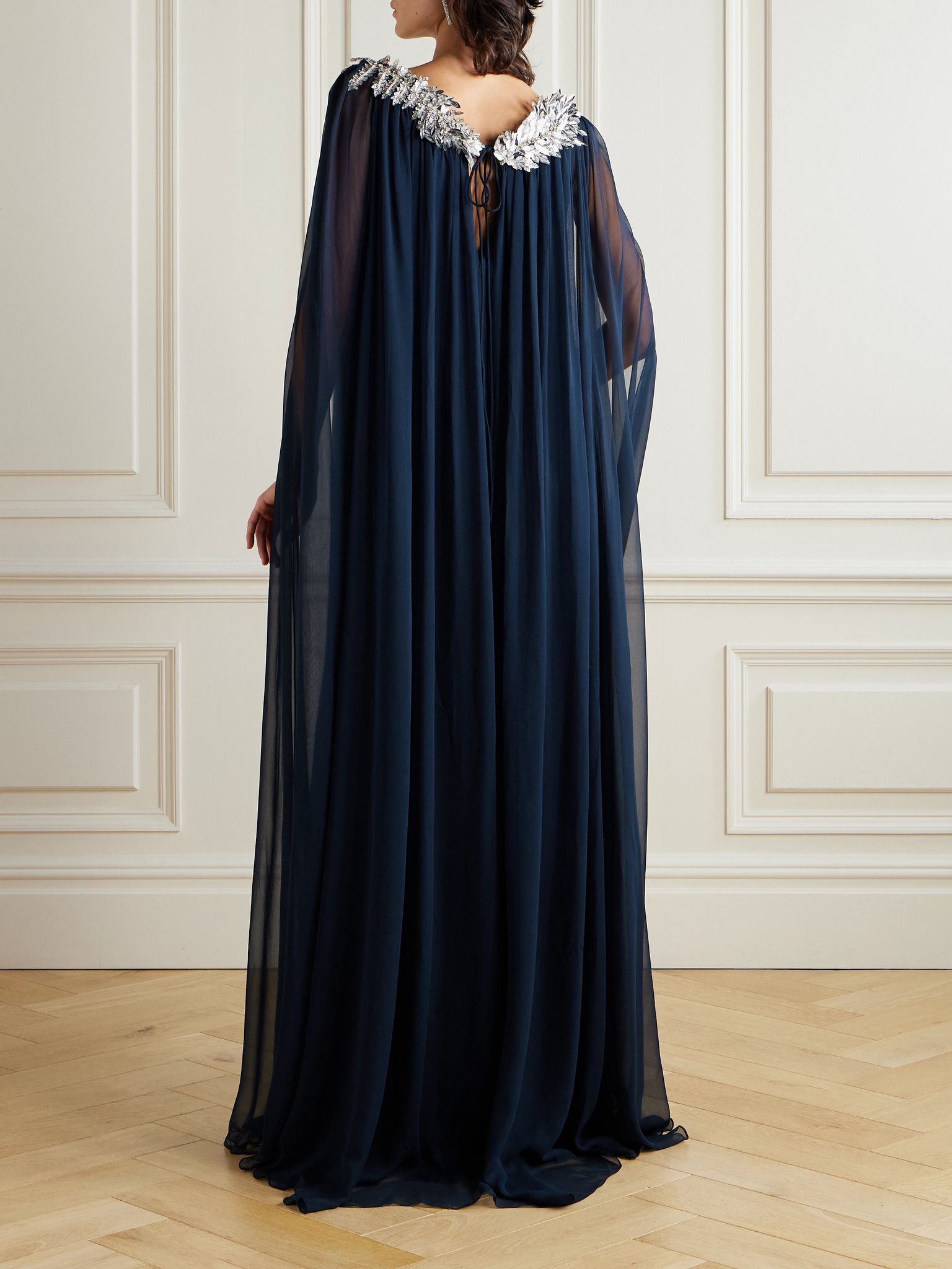 Cape-effect embellished silk-chiffon gown Navy - 3