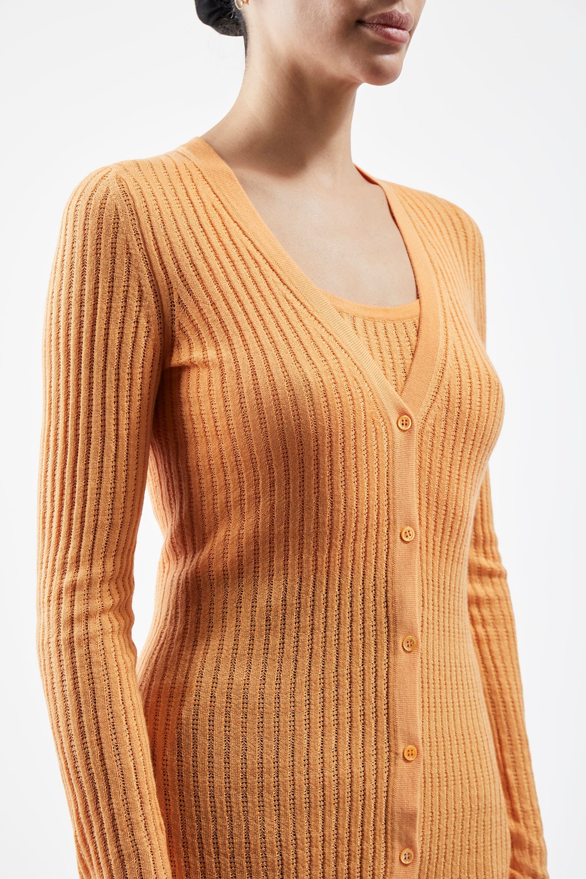Homer Pointelle Knit Cardigan in Fluorescent Orange Cashmere Silk - 5