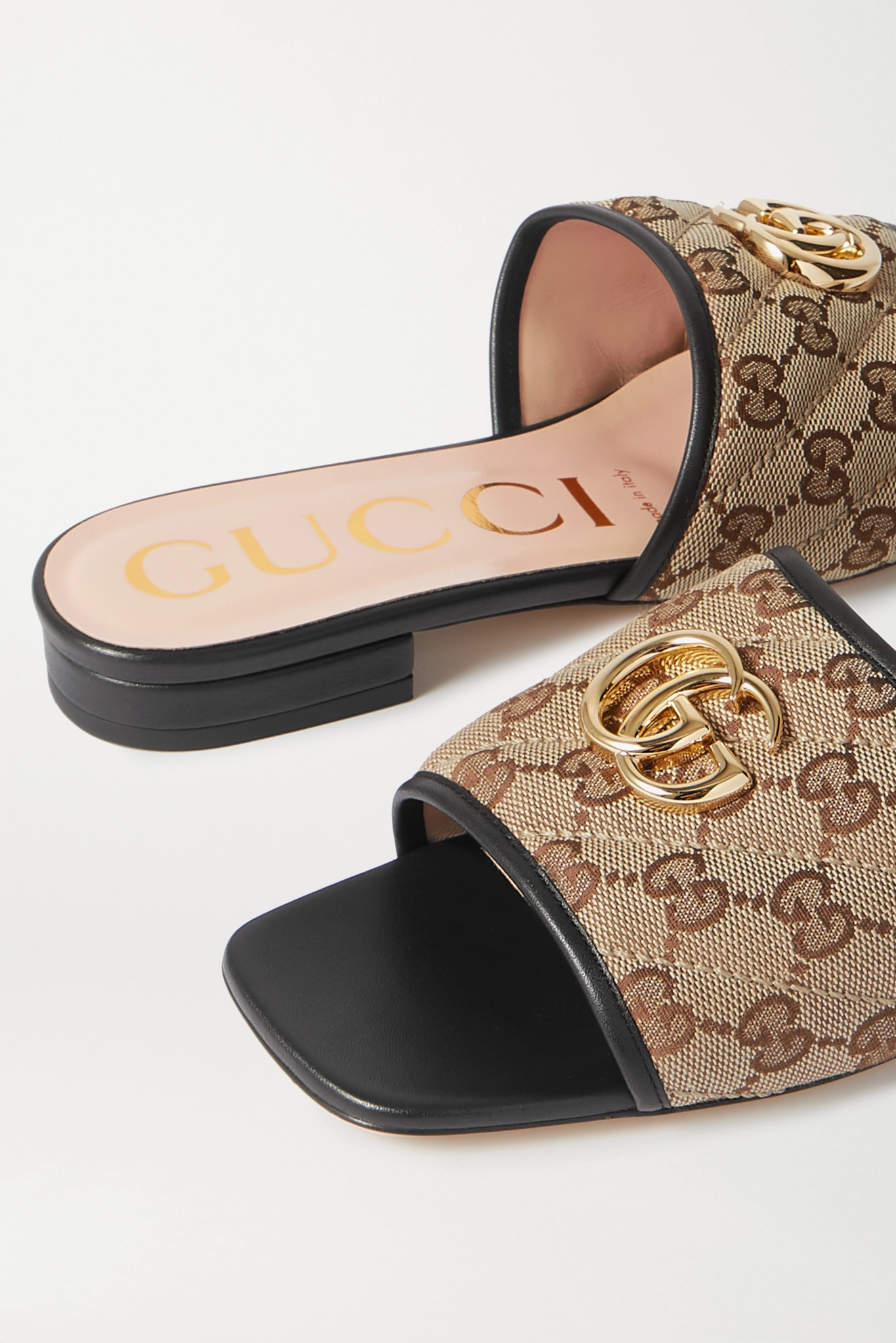 GUCCI Jolie leather-trimmed embellished logo-detailed canvas slides ...