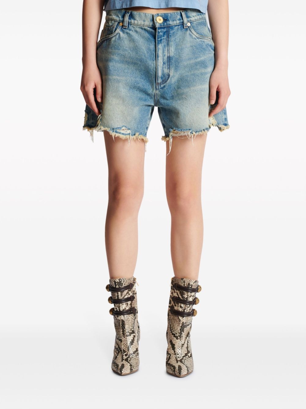 mid-rise frayed denim shorts - 5