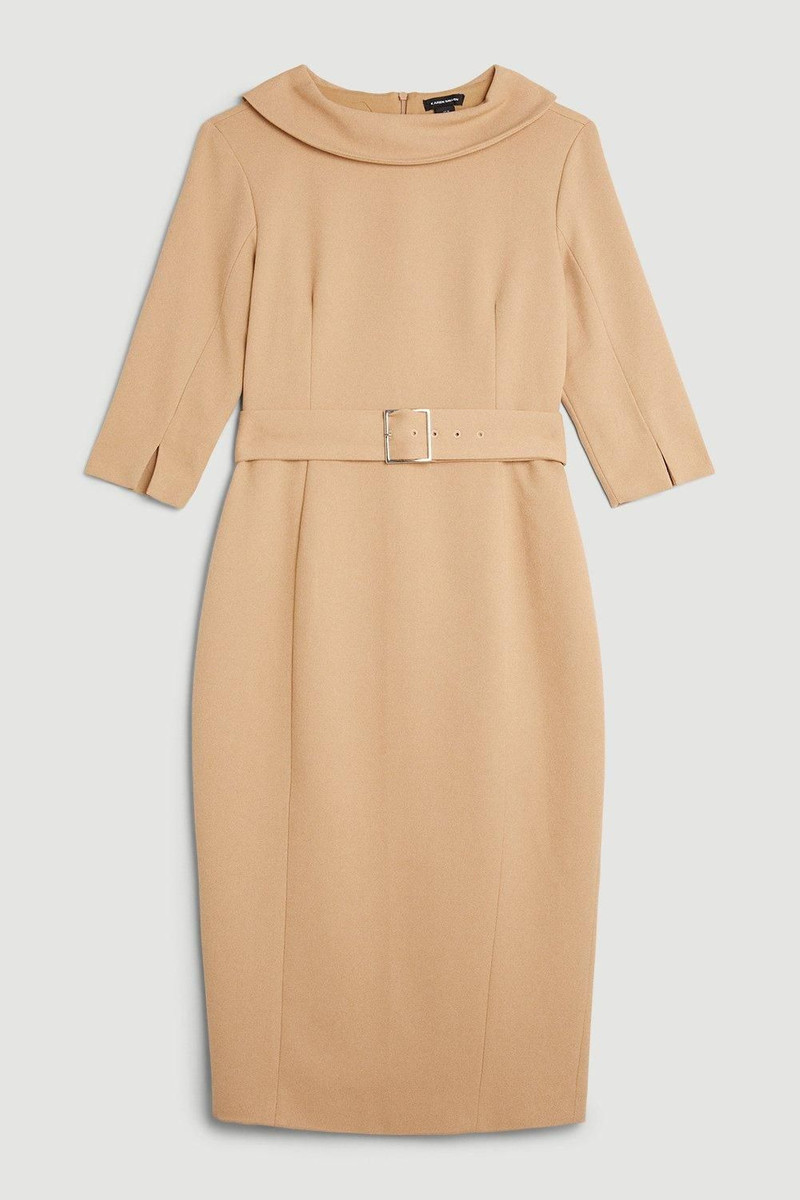 Petite Structured Crepe Roll Neck Belted Tailored Midi Dress 4