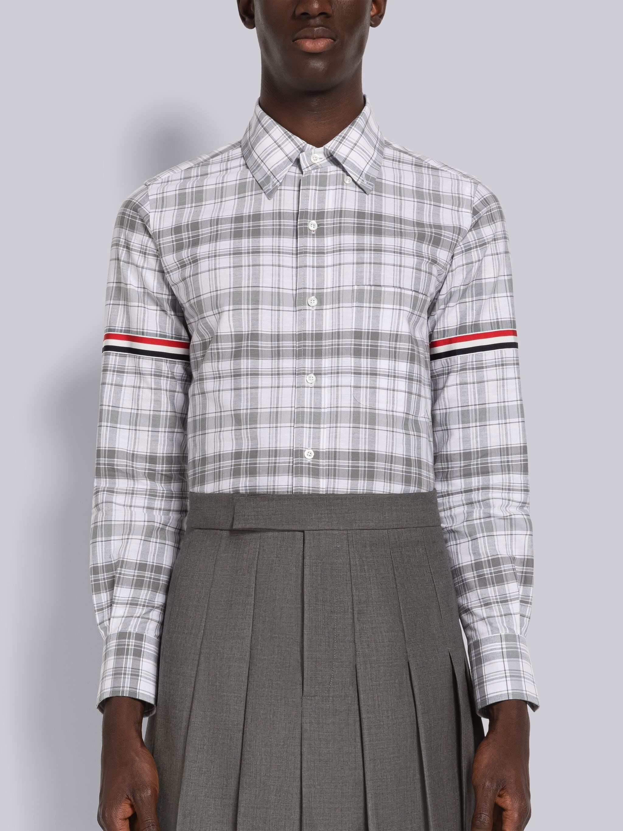 Medium Grey Stripe Plaid Armband Straight Fit Shirt - 1