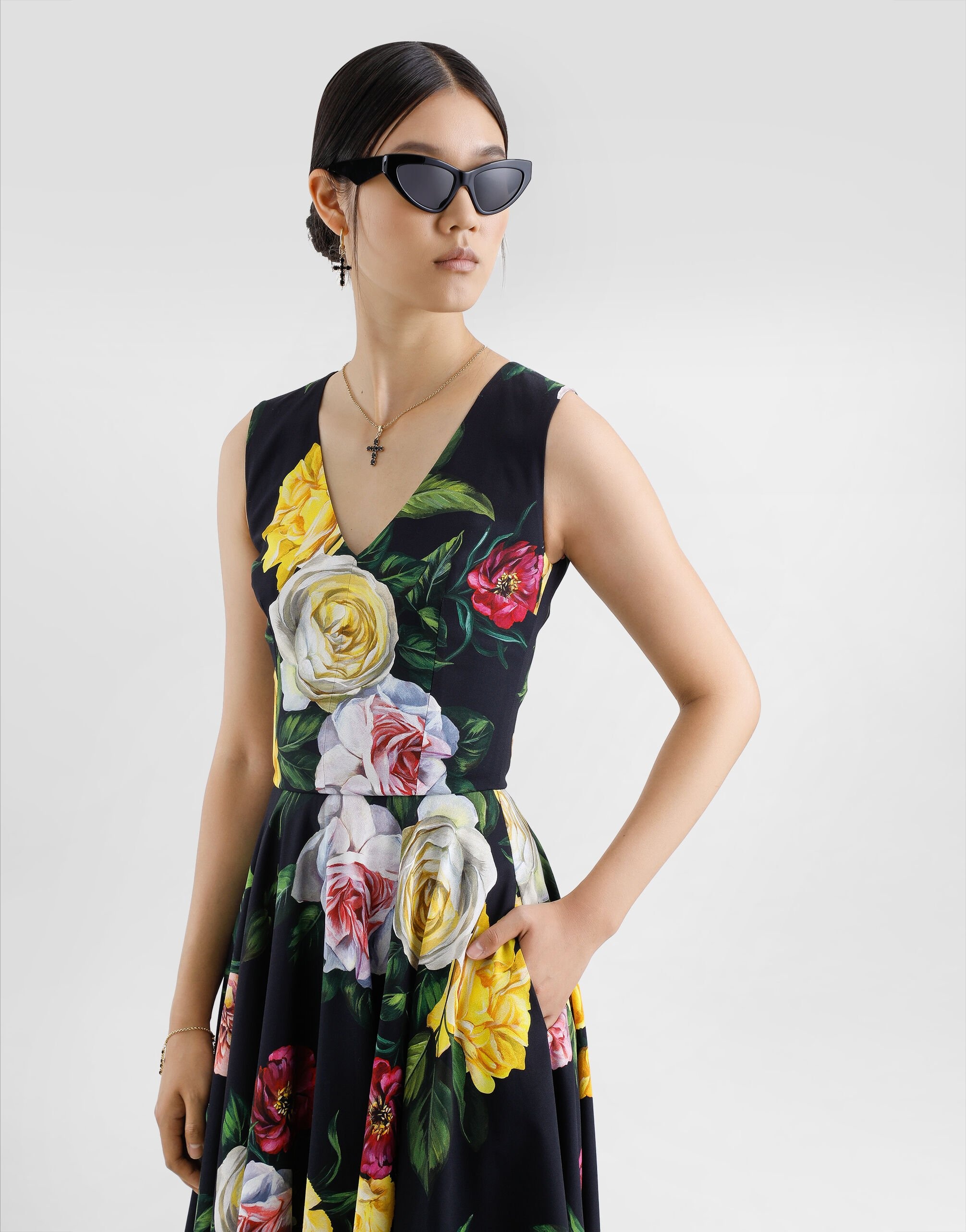 Peony and rose-print cady calf-length dress with circle skirt - 4