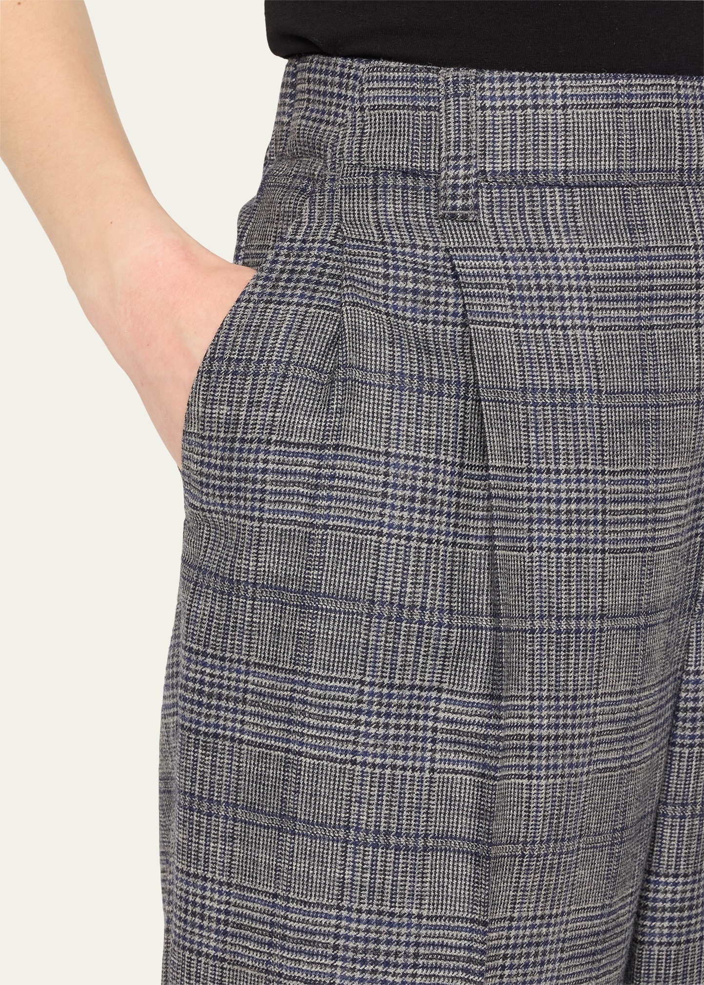 Pleated Wool Prince Of Wales Wide-Leg Crop Trousers - 5