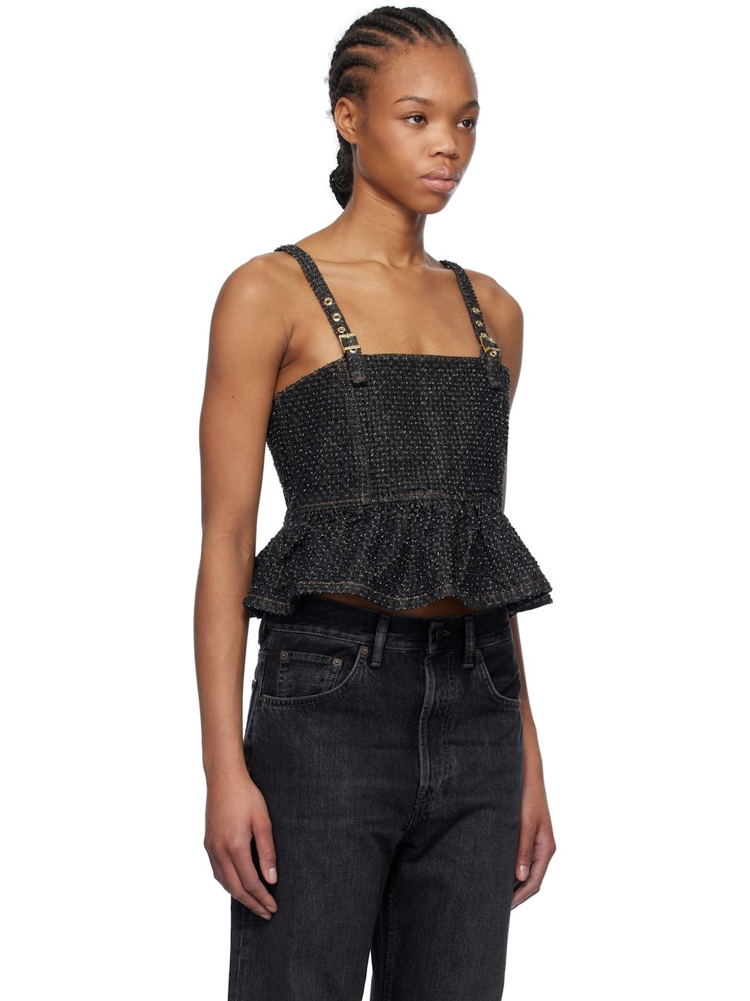 Black Fluffy Denim Strap Top - 2