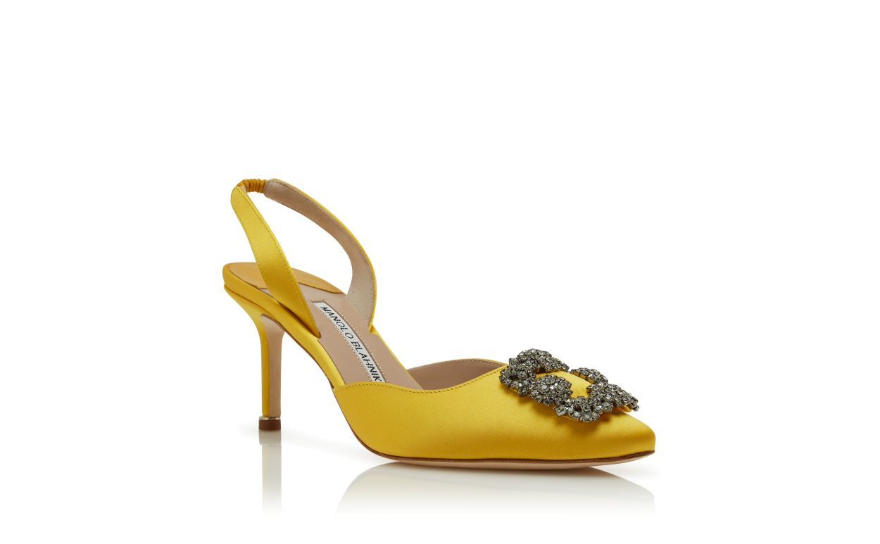 Yellow Satin Jewel Buckle Slingback Pumps - 3