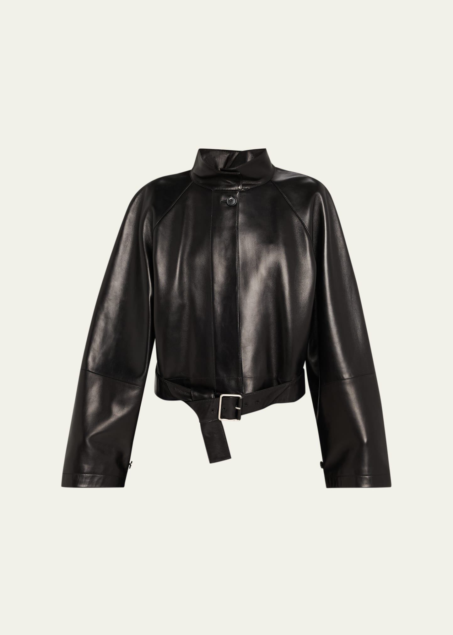 High-Neck Leather Belted Crop Trench Jacket - 1
