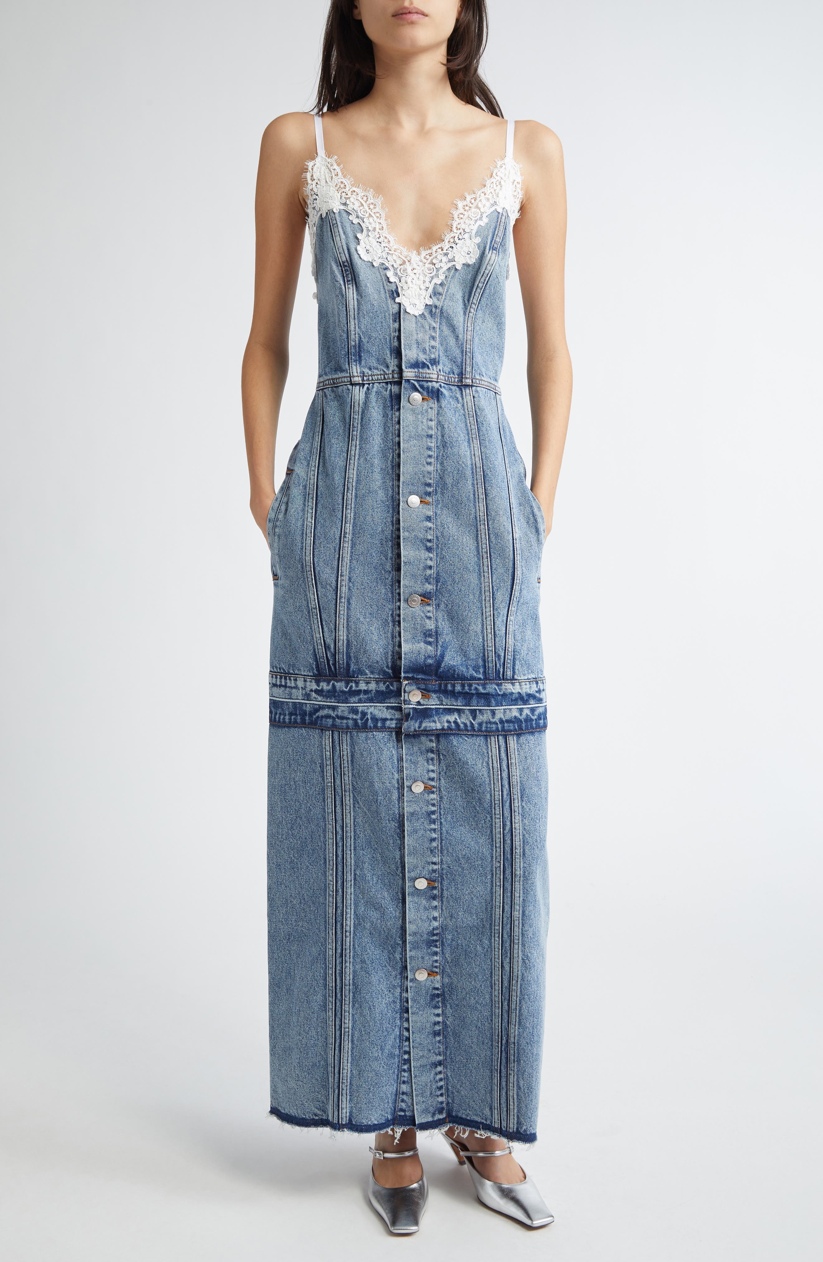 Stella McCartney Lace Trim Denim Maxi Dress in Vintage Blue Denim at Nordstrom - 1