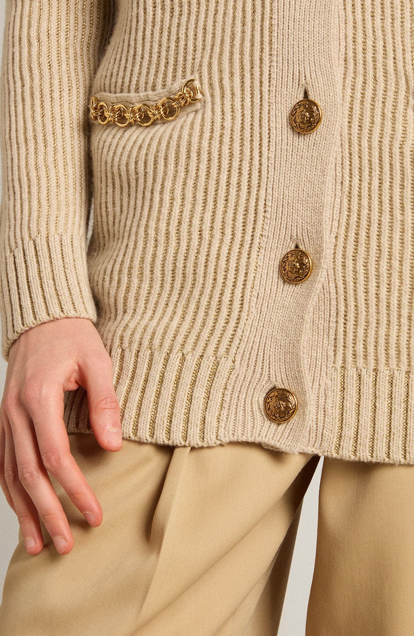 Golden Goose Chain Detail Wool Blend Rib Cardigan in Lambs Wool/Gold at Nordstrom - 4