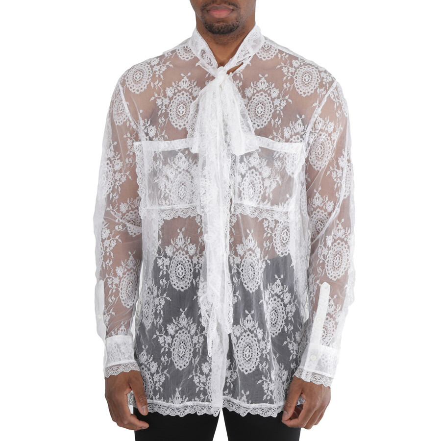 Burberry Optic White Oversized Tie-Neck Chantilly Lace Shirt - 3