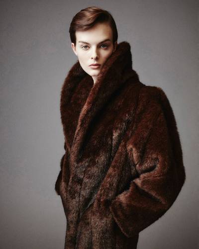 SAINT LAURENT long shawl-collar coat in animal-free fur outlook