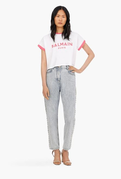 Balmain Cropped white cotton T-shirt with flocked pink Balmain logo outlook