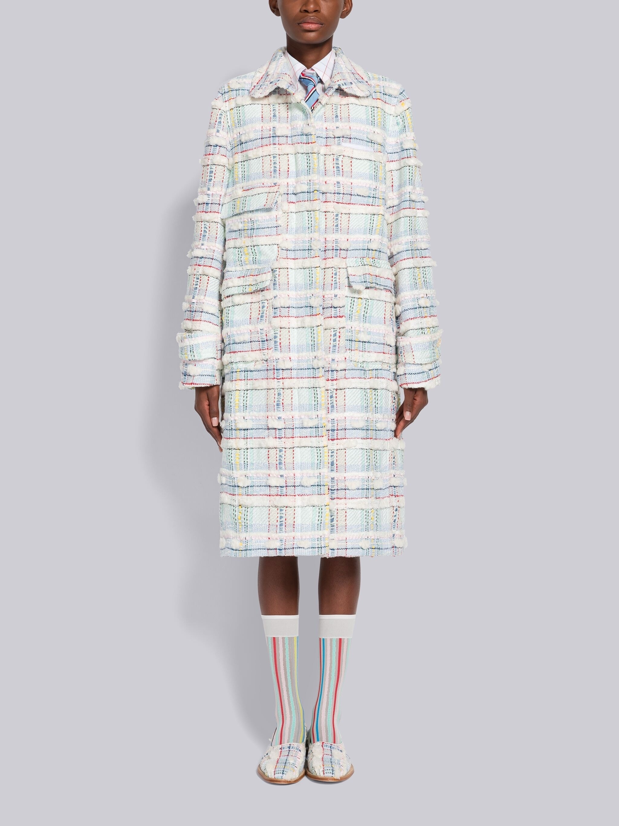 Madras Pouf Tweed Round Collar Utility Coat - 1