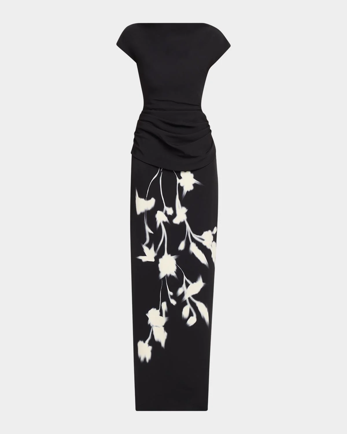 Floral Crepe Boat-Neck Draped Column Gown - 1