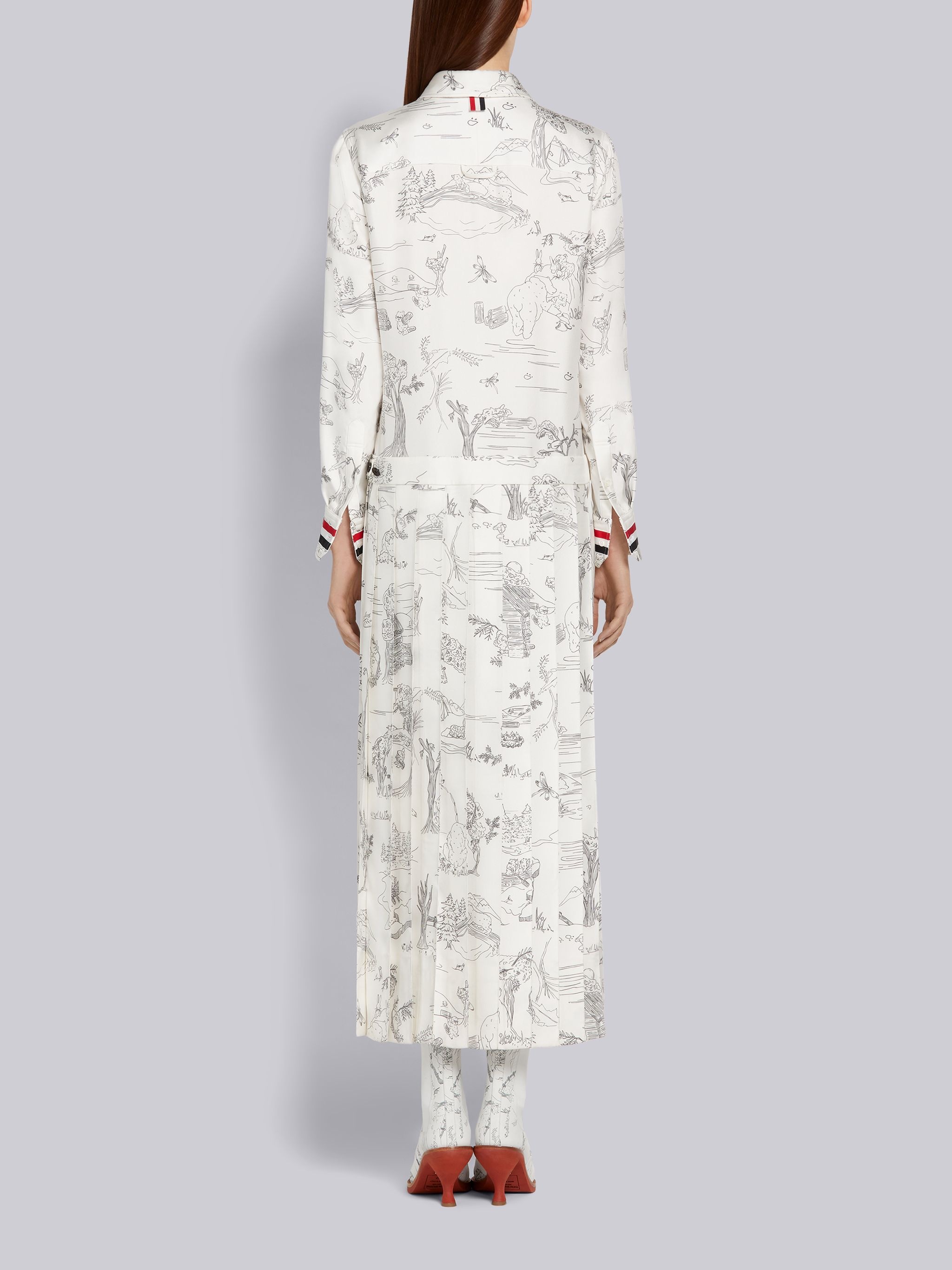 White Silk Twill Animal Camp Toile Grosgrain Cuff Dropped Back Pleated Bottom Below-the-Knee Shirtdr - 3