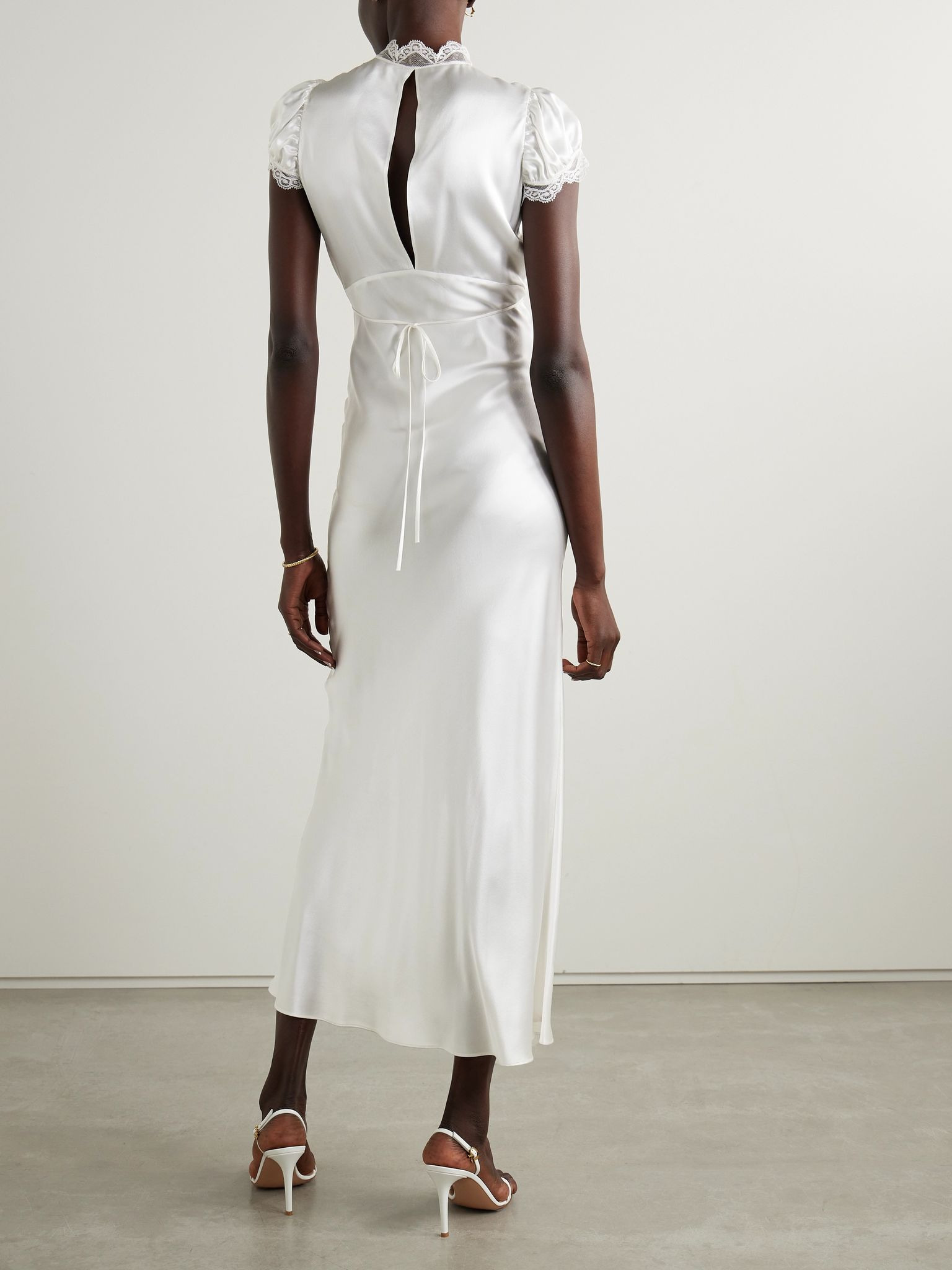 Lace-trimmed silk-satin midi dress Off-white - 3