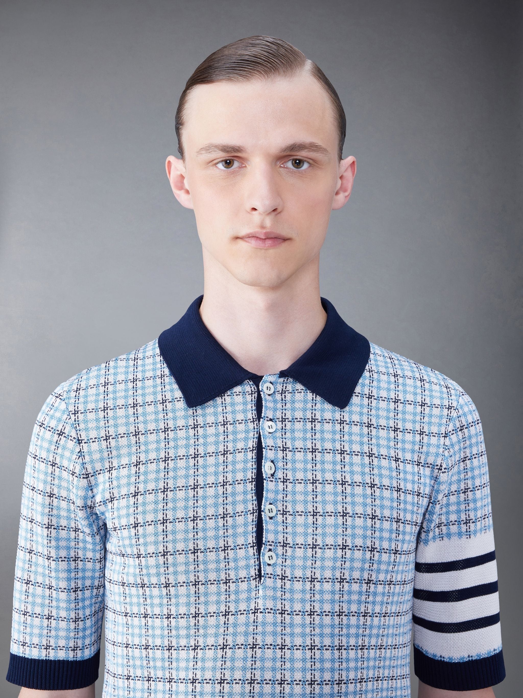 Silk Cotton Check Jacquard 4-Bar Polo - 5
