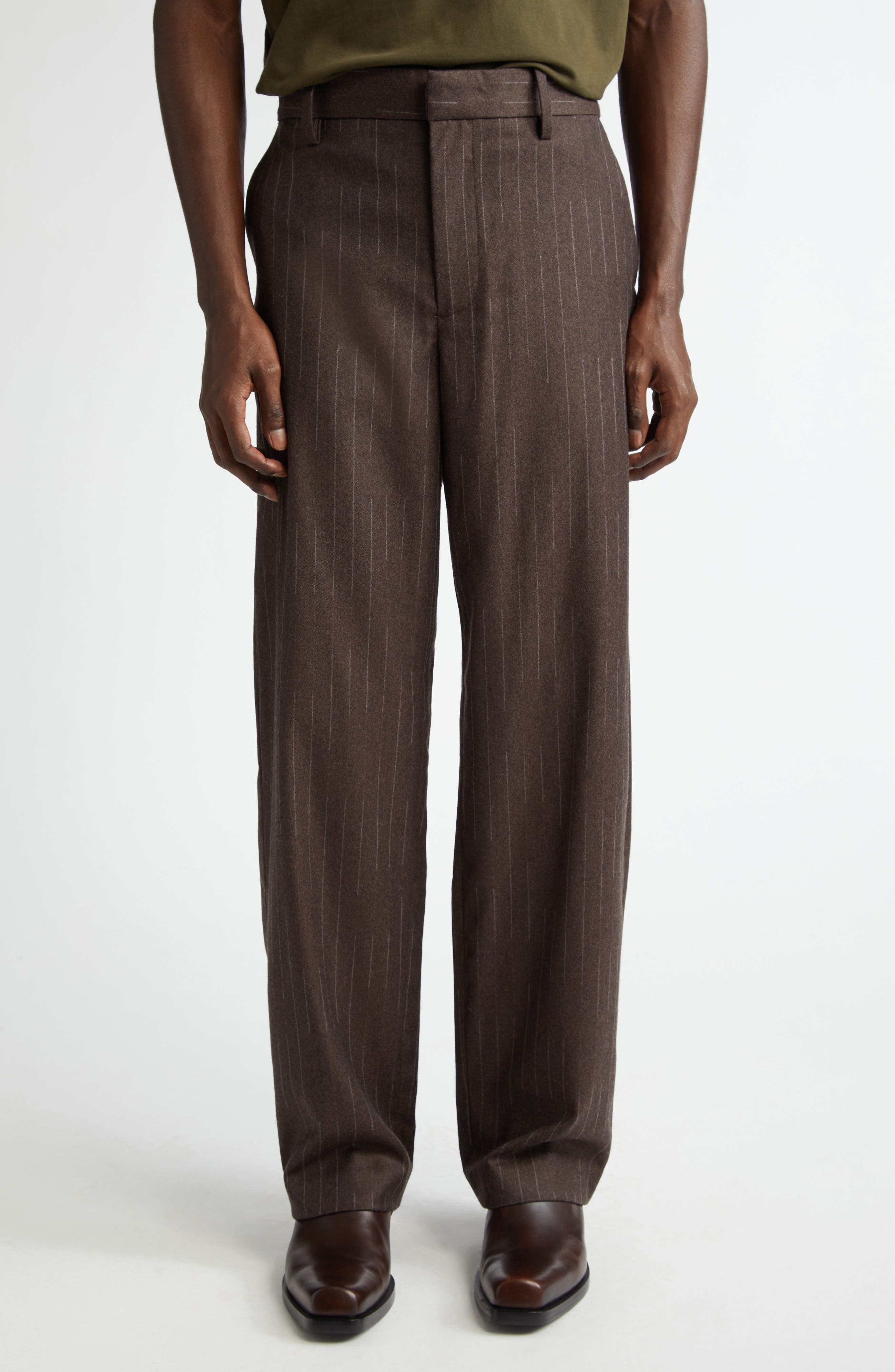 The Elder Statesman Chalk Stripe Flat Front Wool & Cashmere Trousers in Brown at Nordstrom - 1